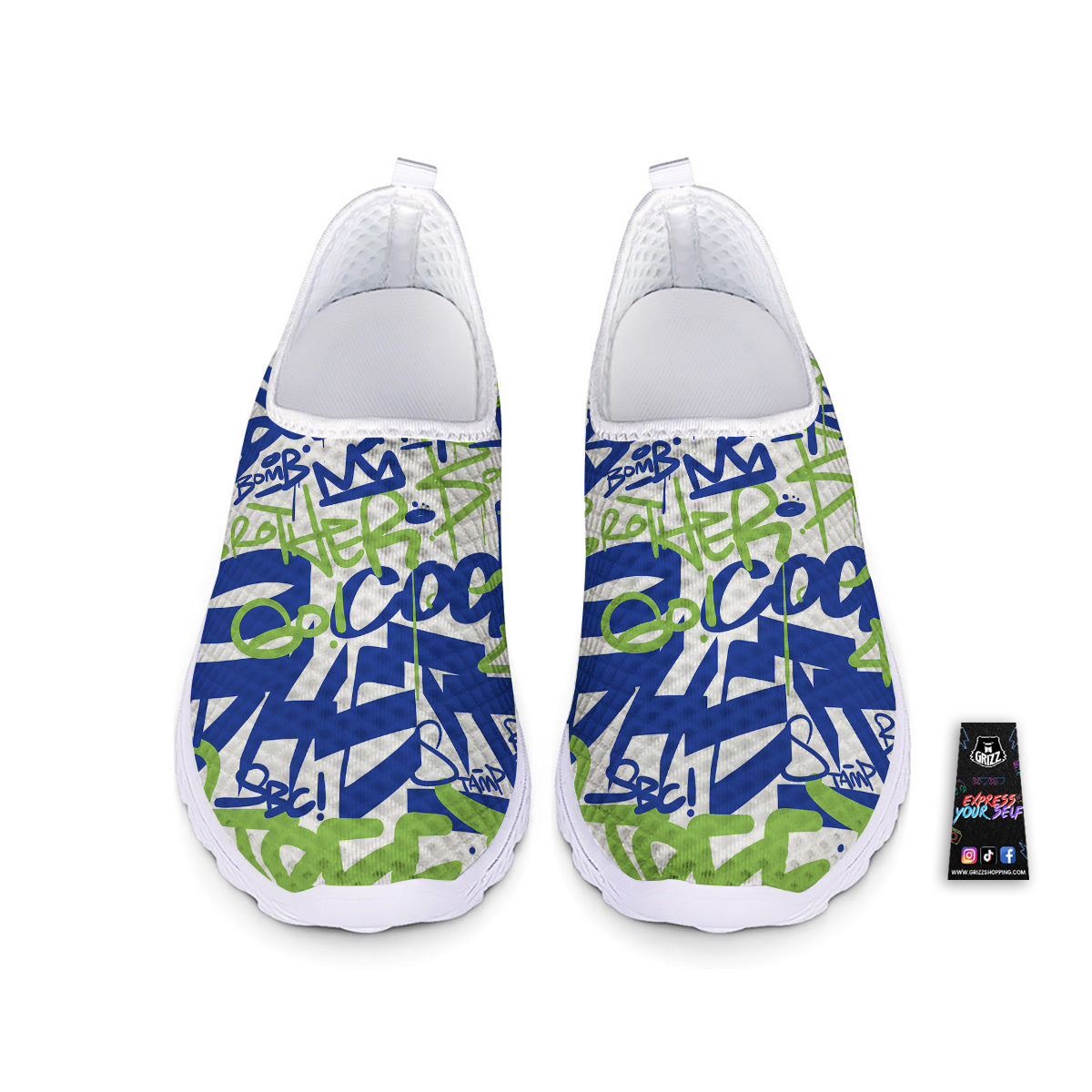 Green Blue Urban Graffiti Text Print Pattern Nurse Shoes-grizzshop