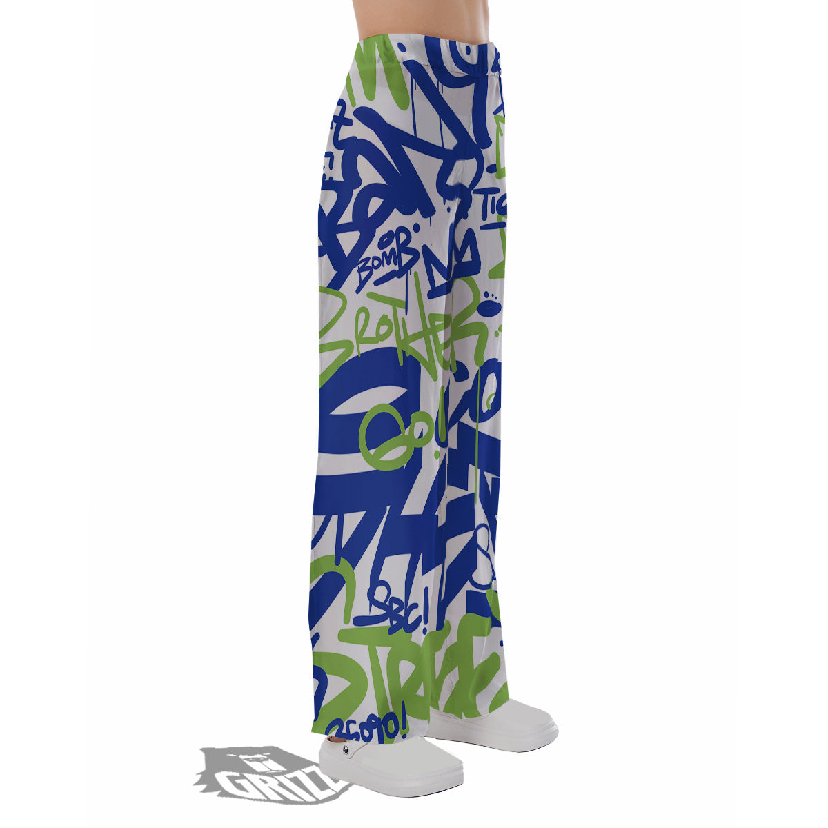 Green Blue Urban Graffiti Text Print Pattern Pajama Pants-grizzshop