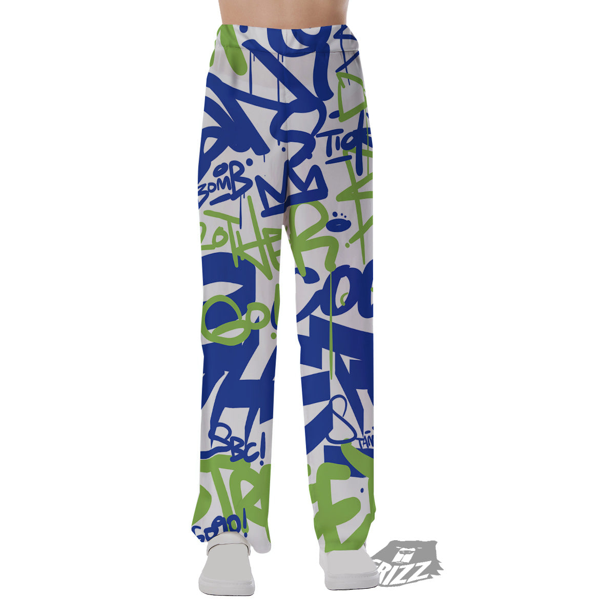 Green Blue Urban Graffiti Text Print Pattern Pajama Pants-grizzshop