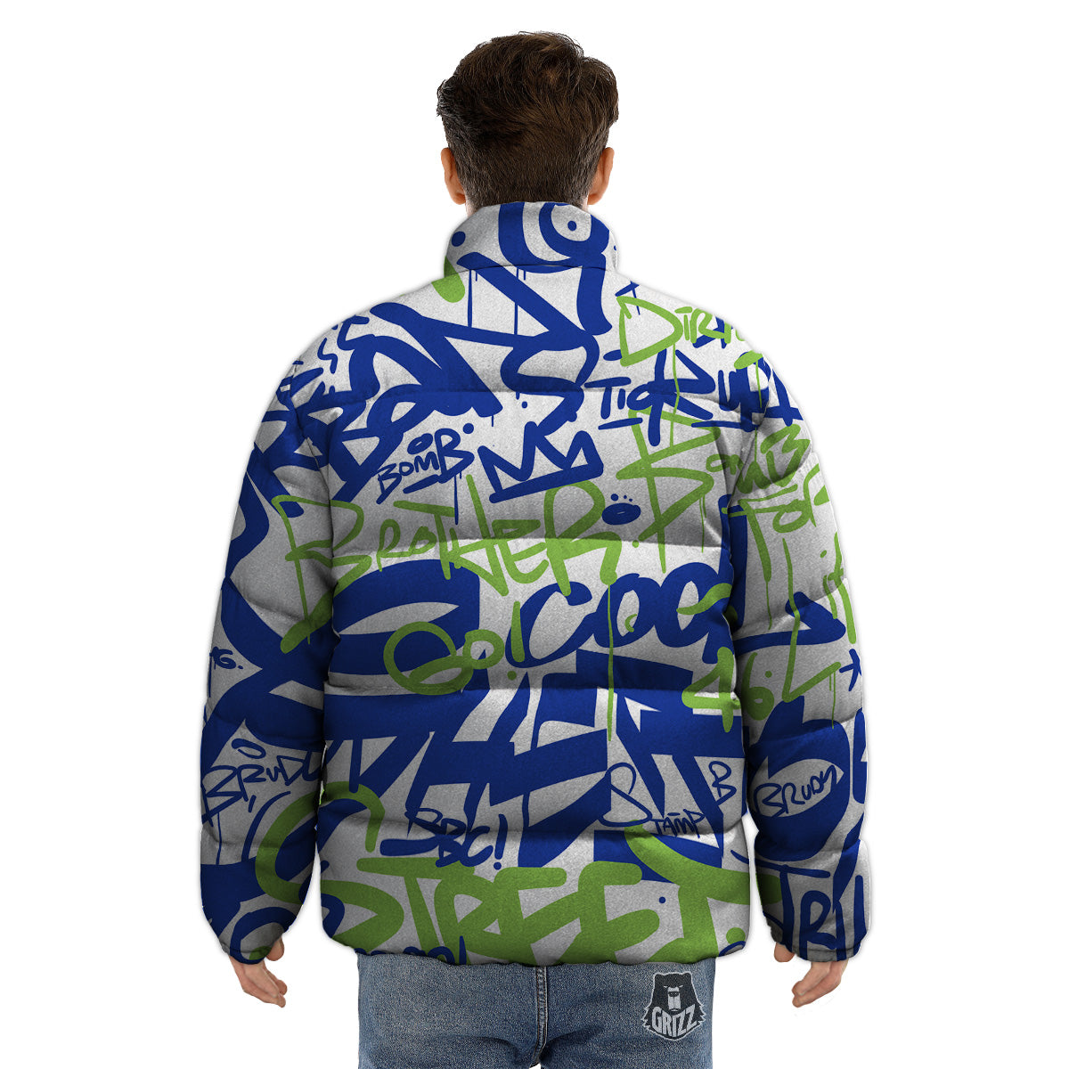 Green Blue Urban Graffiti Text Print Pattern Puffer Jacket-grizzshop