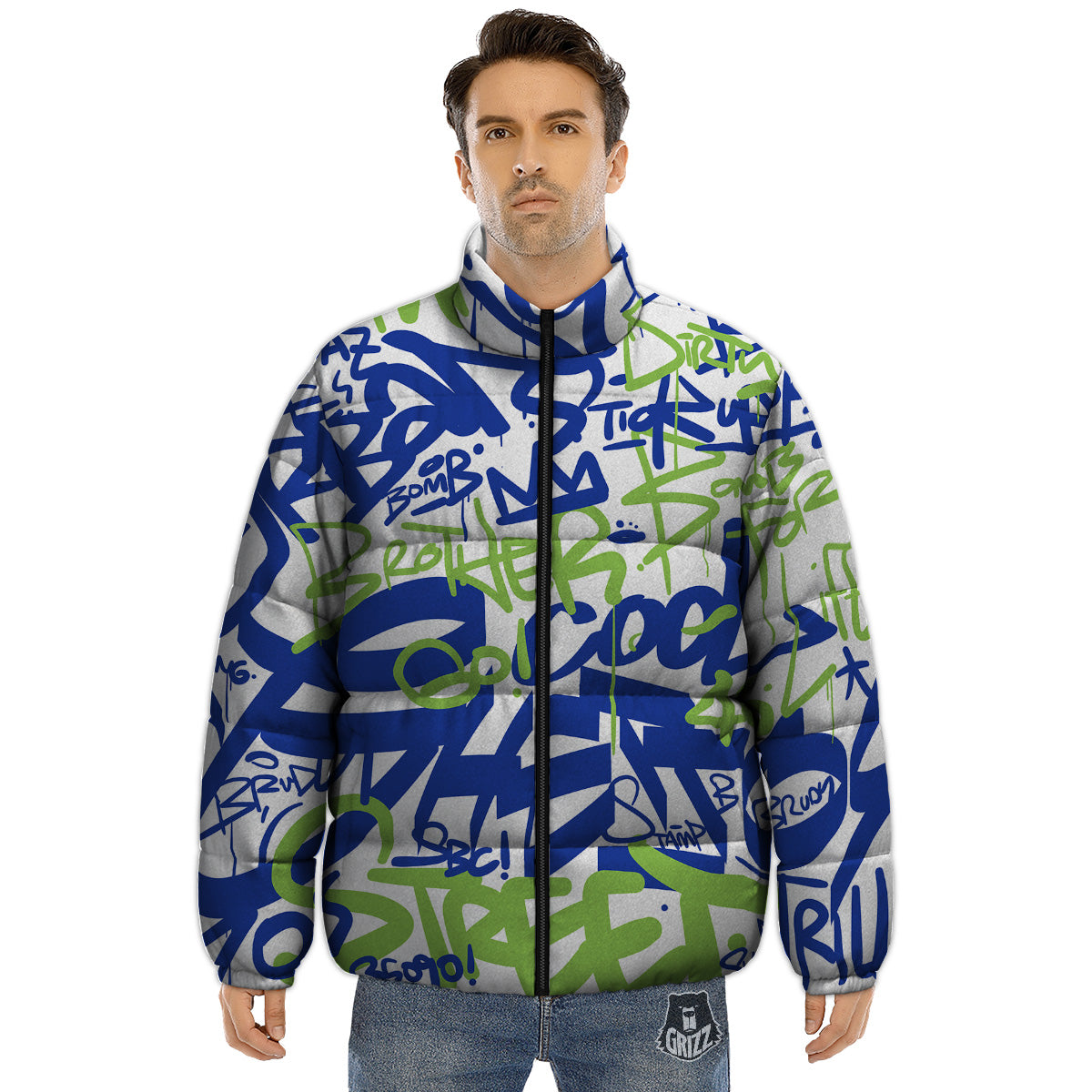 Green Blue Urban Graffiti Text Print Pattern Puffer Jacket-grizzshop