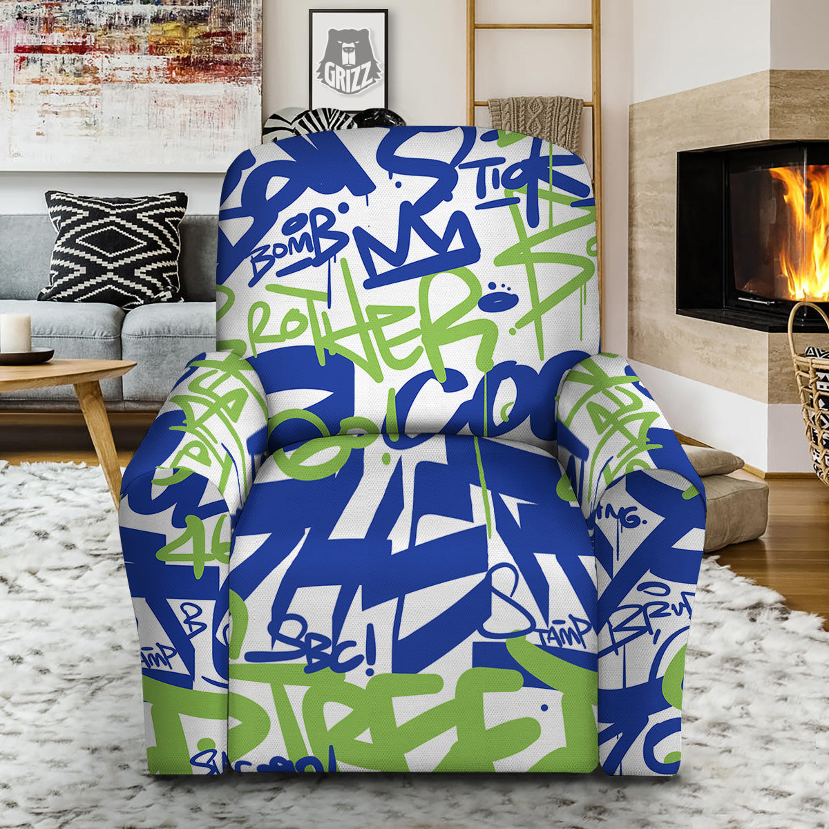 Green Blue Urban Graffiti Text Print Pattern Recliner Slipcover-grizzshop