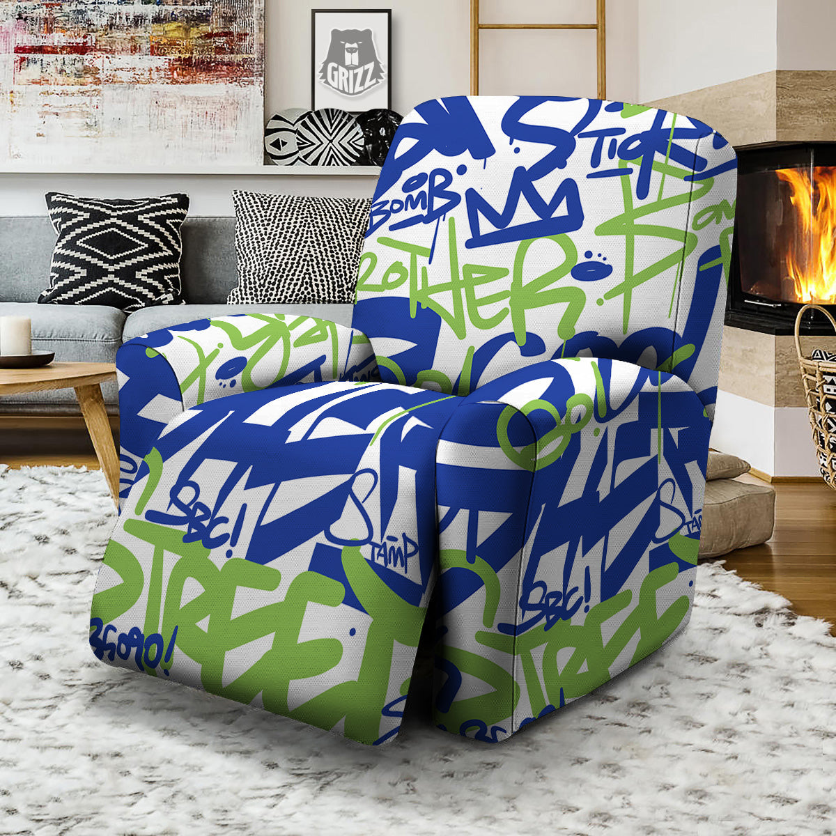 Green Blue Urban Graffiti Text Print Pattern Recliner Slipcover-grizzshop