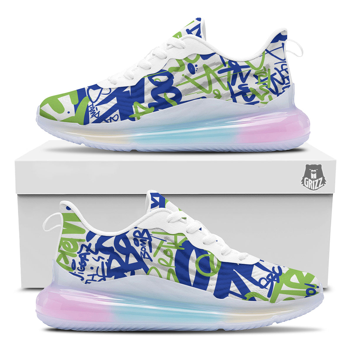 Green Blue Urban Graffiti Text Print Pattern Running Sneakers-grizzshop