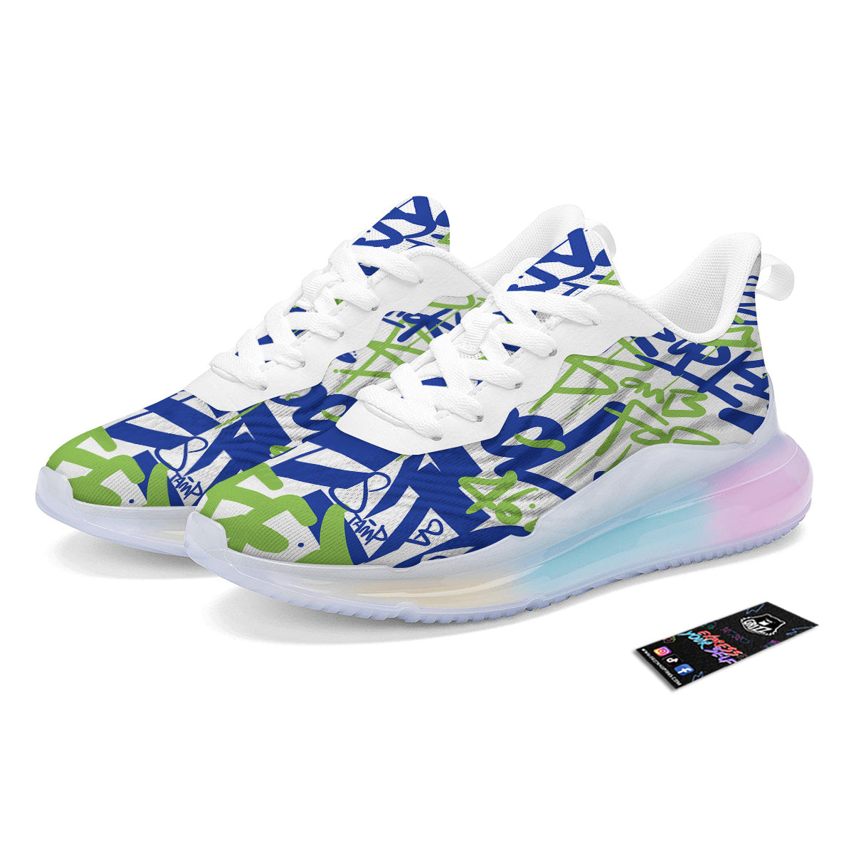 Green Blue Urban Graffiti Text Print Pattern Running Sneakers-grizzshop