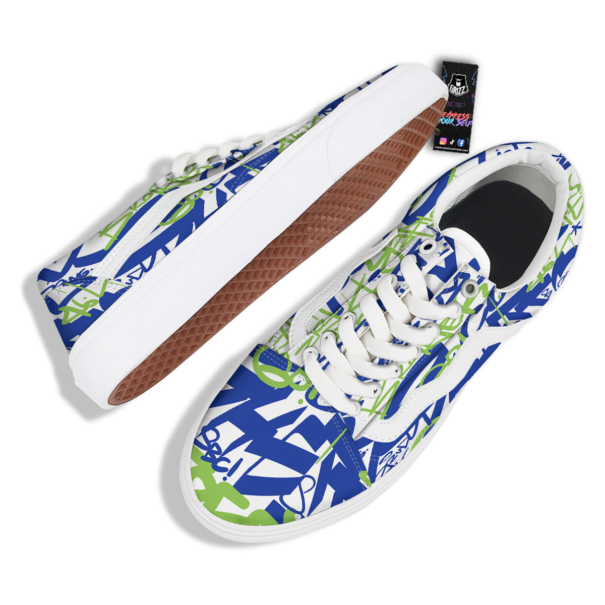 Green Blue Urban Graffiti Text Print Pattern Skate Shoes-grizzshop