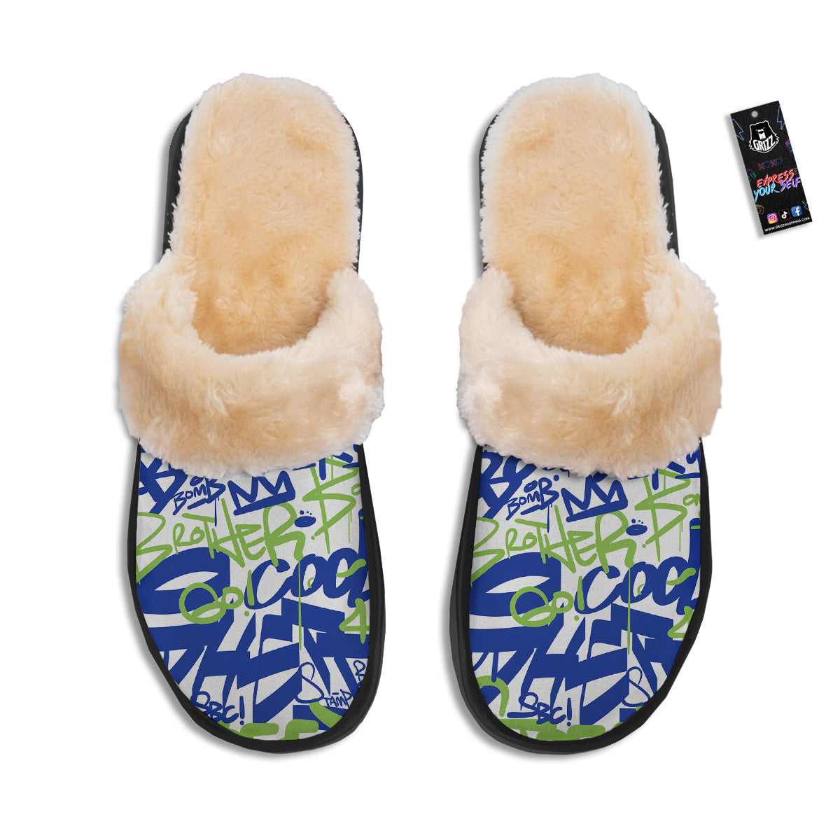 Green Blue Urban Graffiti Text Print Pattern Slippers-grizzshop