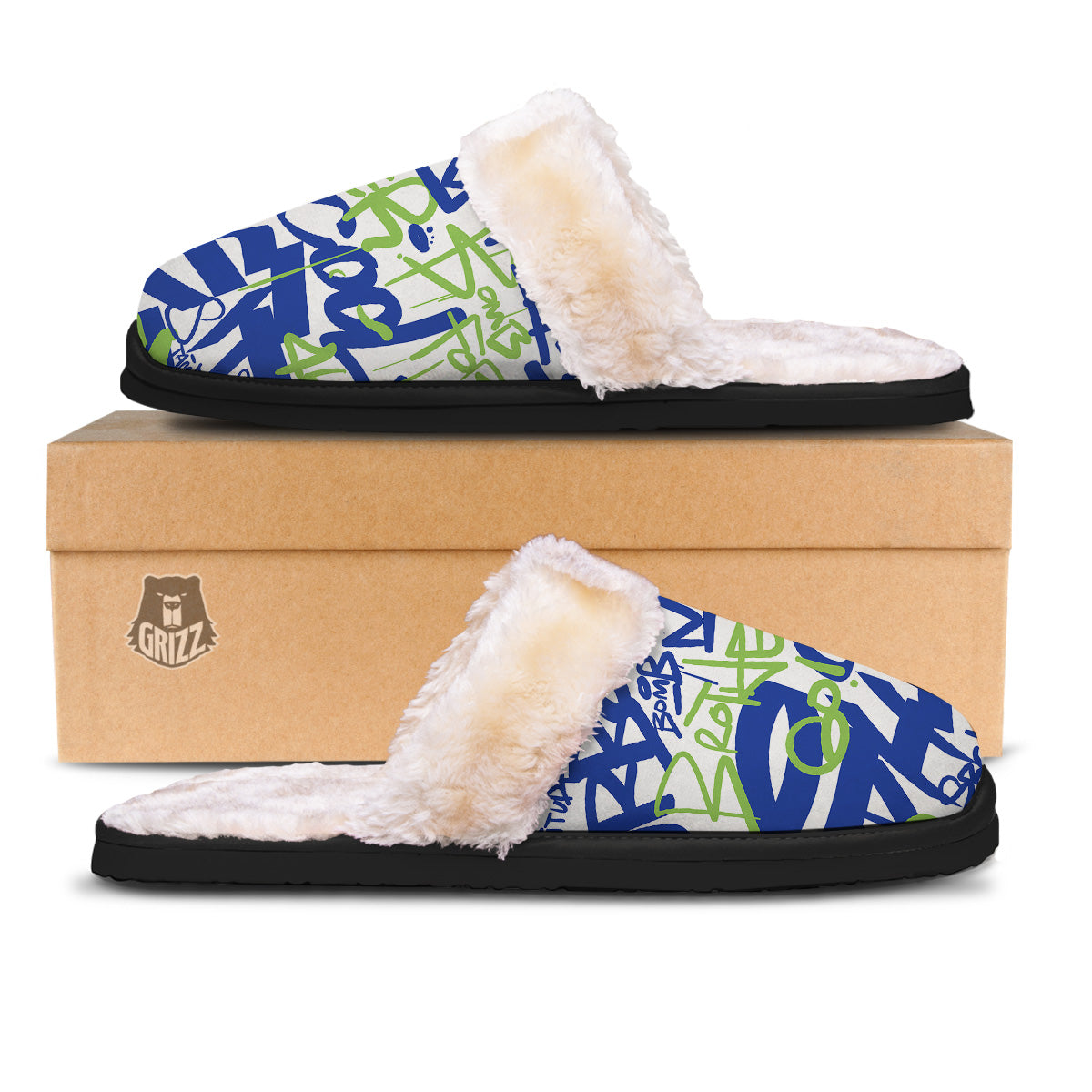 Green Blue Urban Graffiti Text Print Pattern Slippers-grizzshop