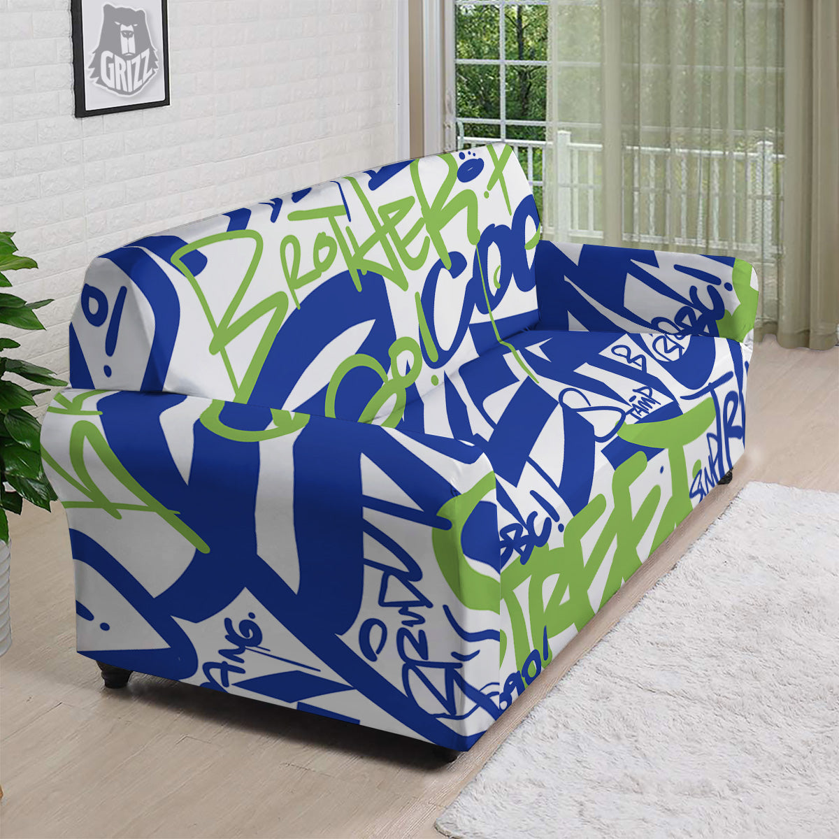 Green Blue Urban Graffiti Text Print Pattern Sofa Cover-grizzshop