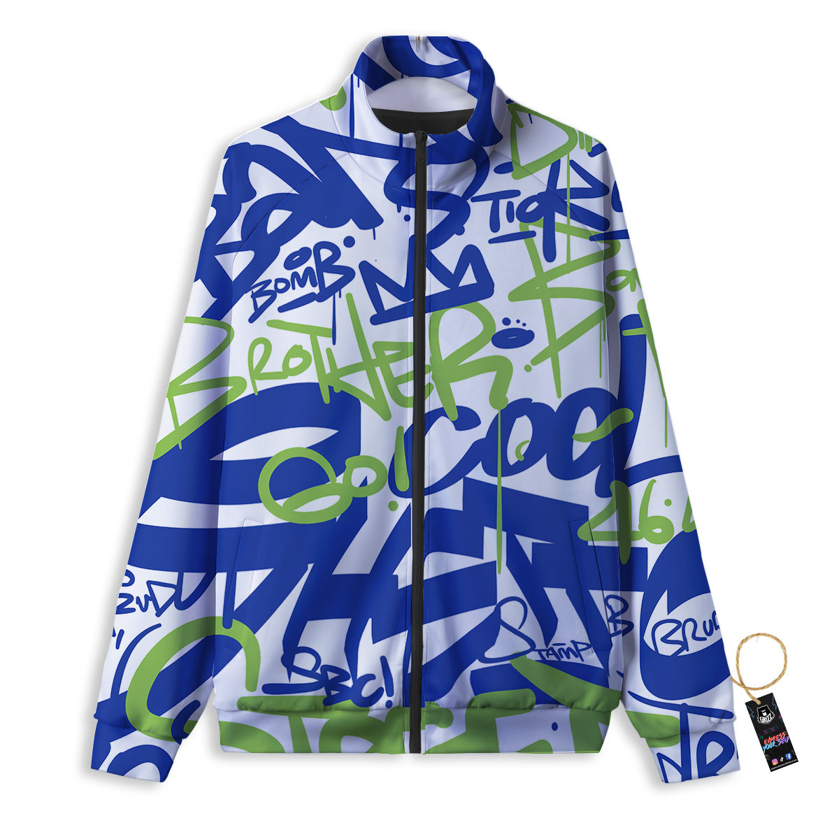 Green Blue Urban Graffiti Text Print Pattern Track Jacket-grizzshop