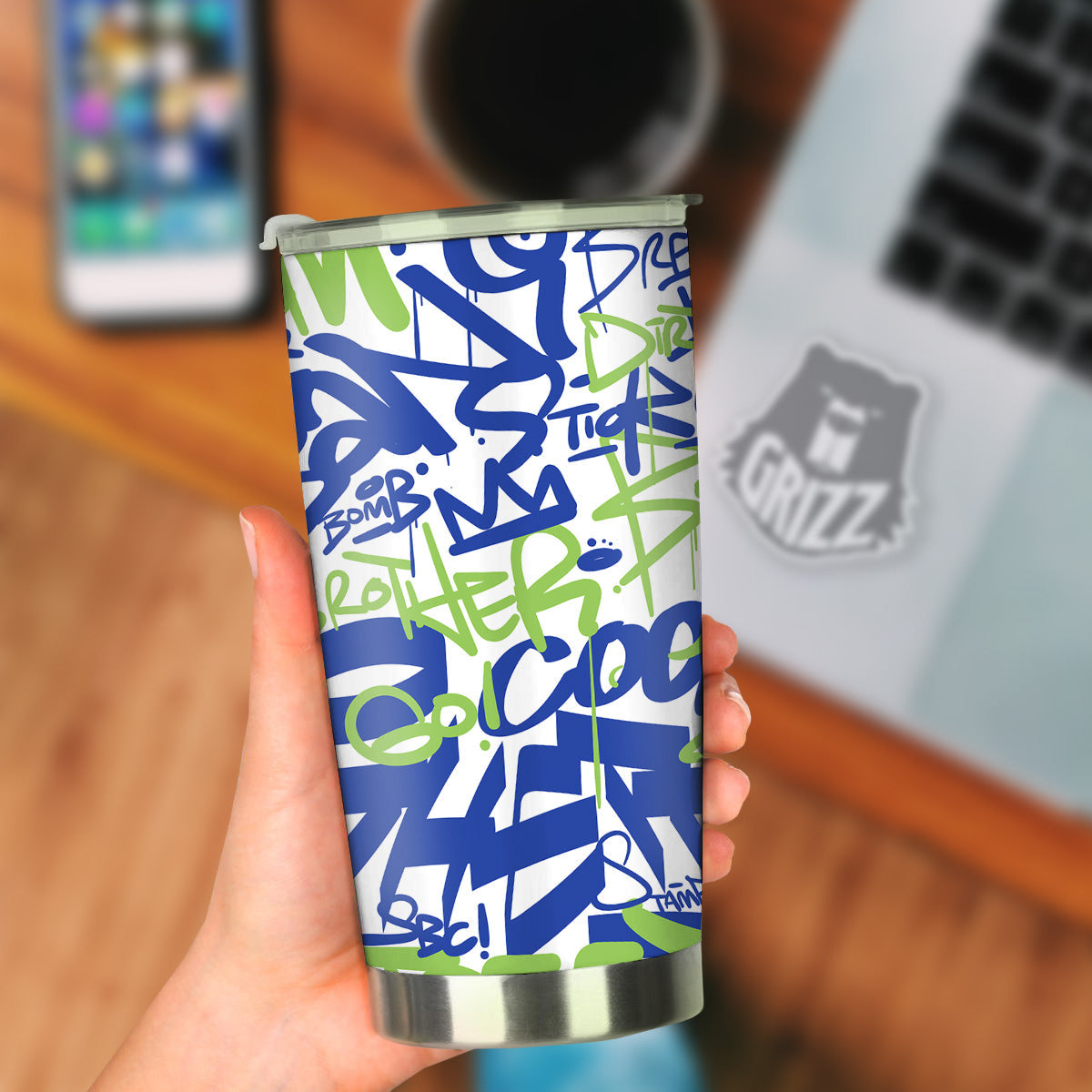 Green Blue Urban Graffiti Text Print Pattern Tumbler-grizzshop