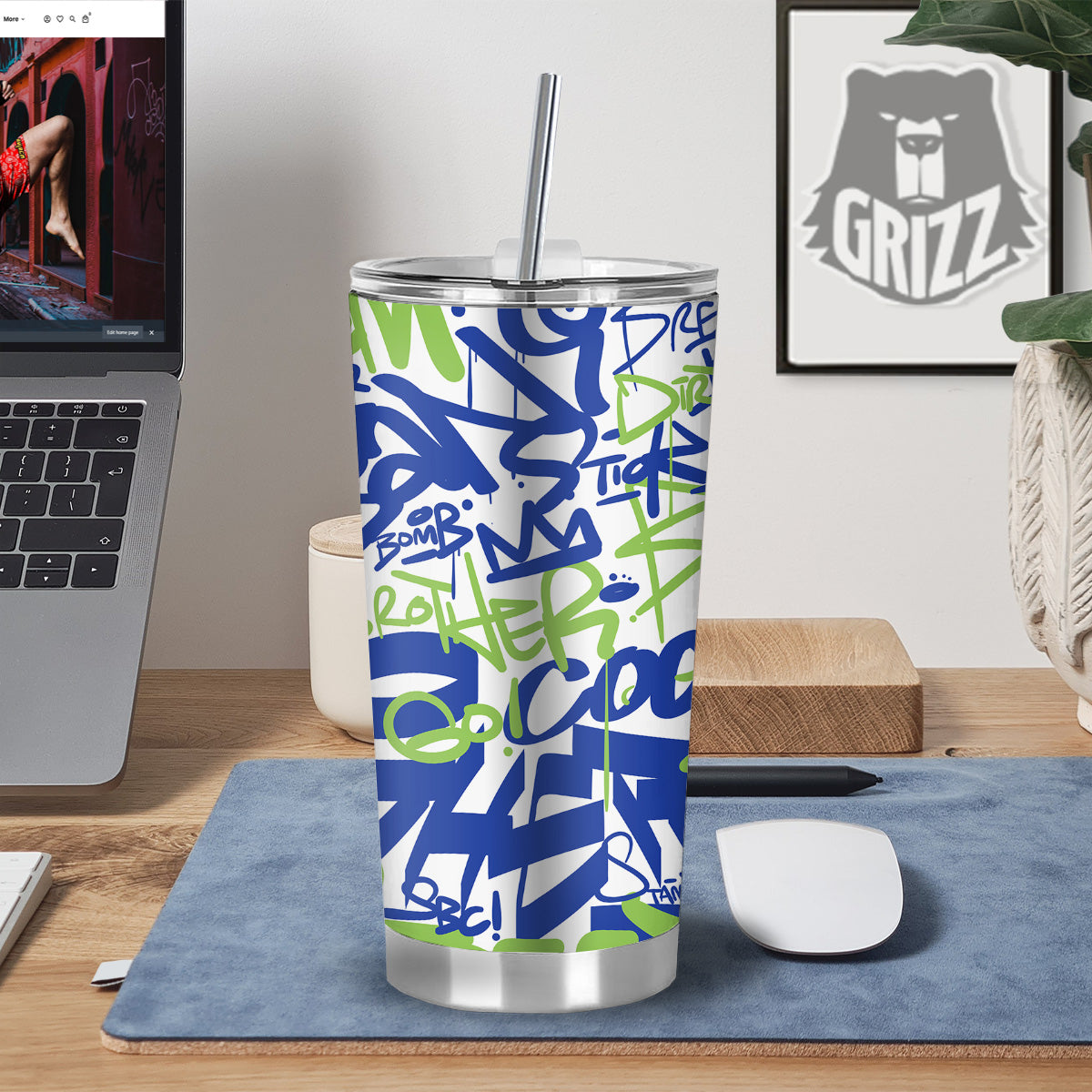 Green Blue Urban Graffiti Text Print Pattern Tumbler-grizzshop