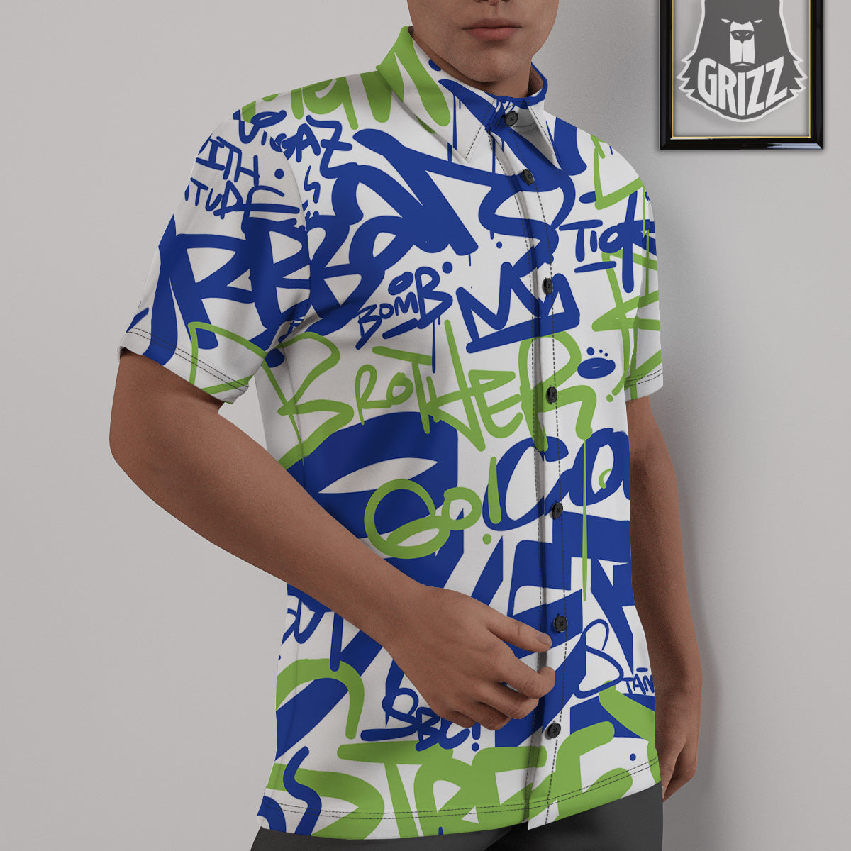 Green Blue Urban Graffiti Text Print Pattern Untucked Shirts-grizzshop