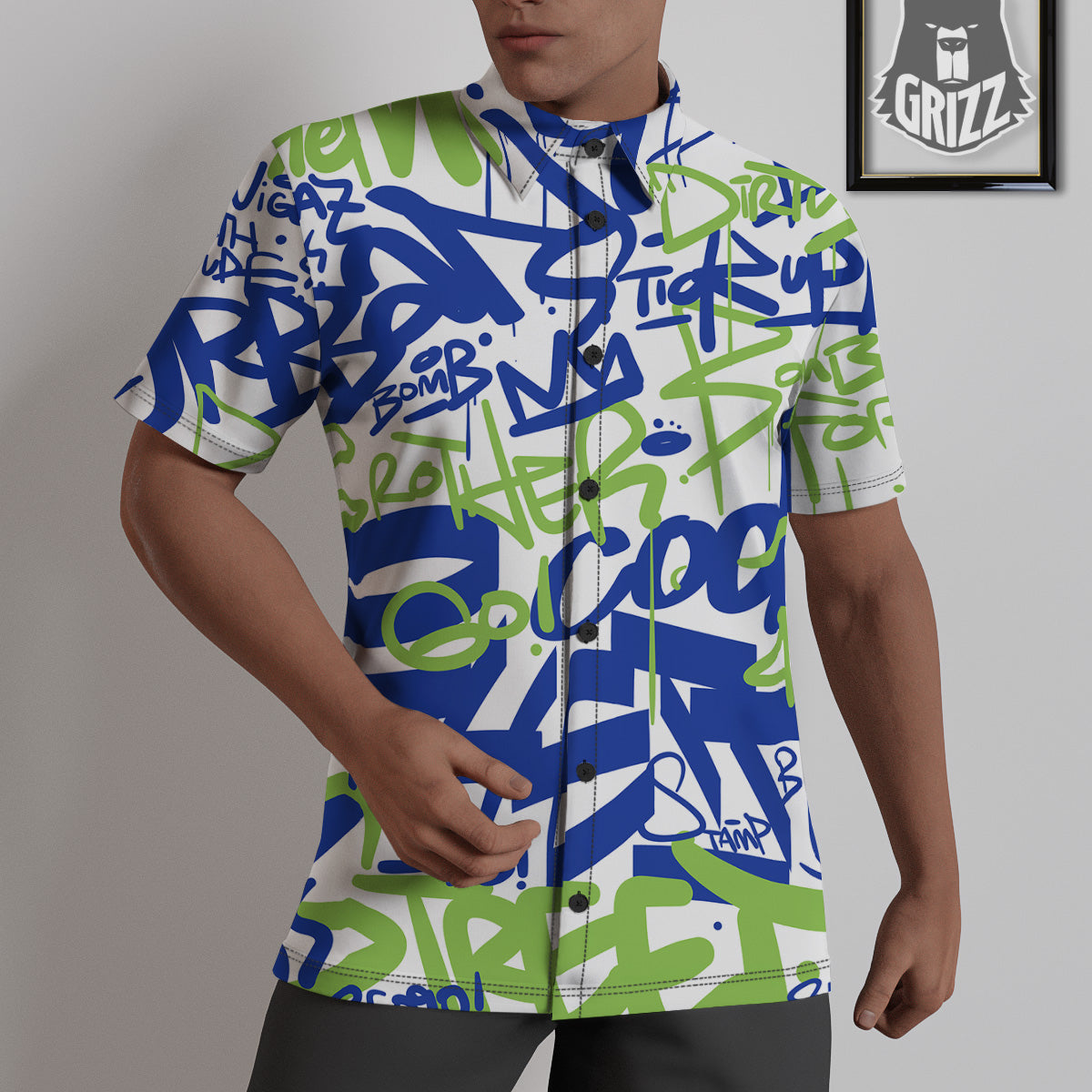 Green Blue Urban Graffiti Text Print Pattern Untucked Shirts-grizzshop