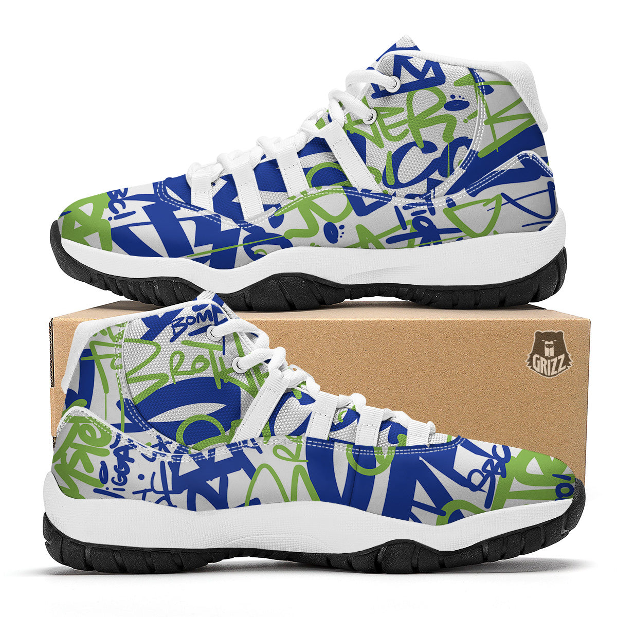 Green Blue Urban Graffiti Text Print Pattern White Bball Shoes-grizzshop