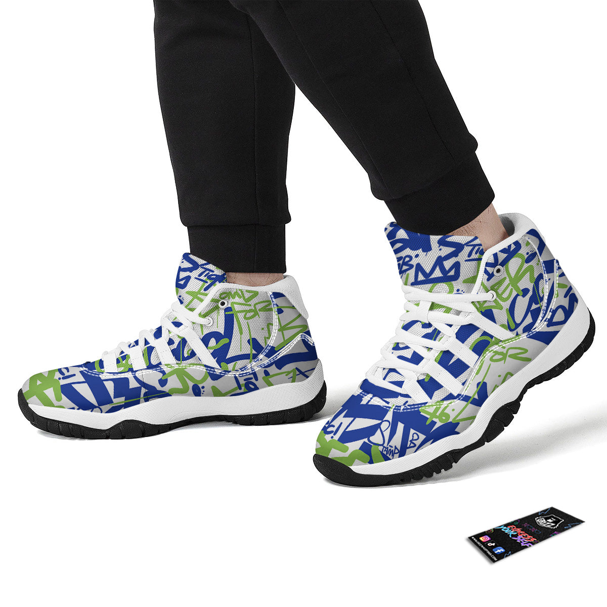 Green Blue Urban Graffiti Text Print Pattern White Bball Shoes-grizzshop