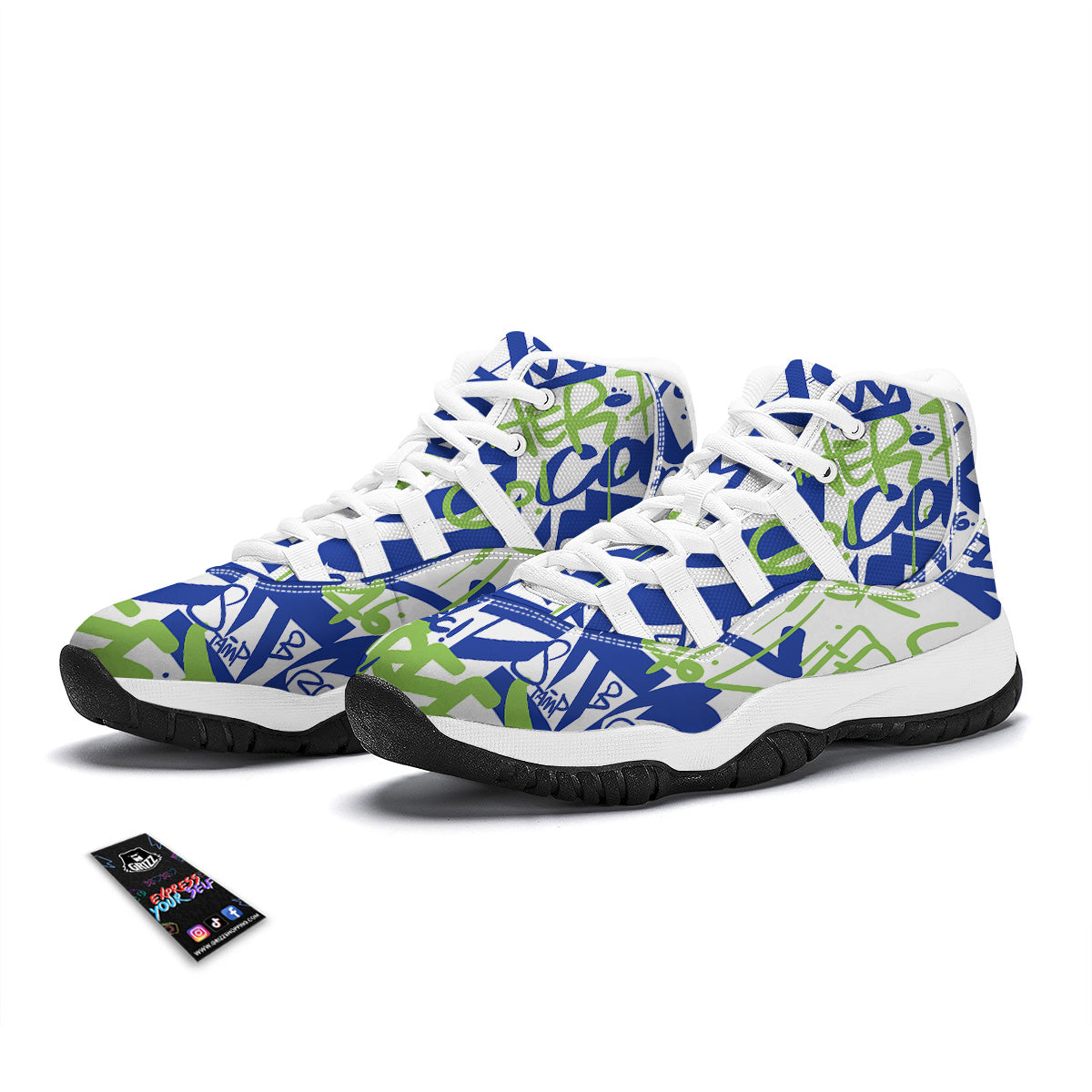 Green Blue Urban Graffiti Text Print Pattern White Bball Shoes-grizzshop