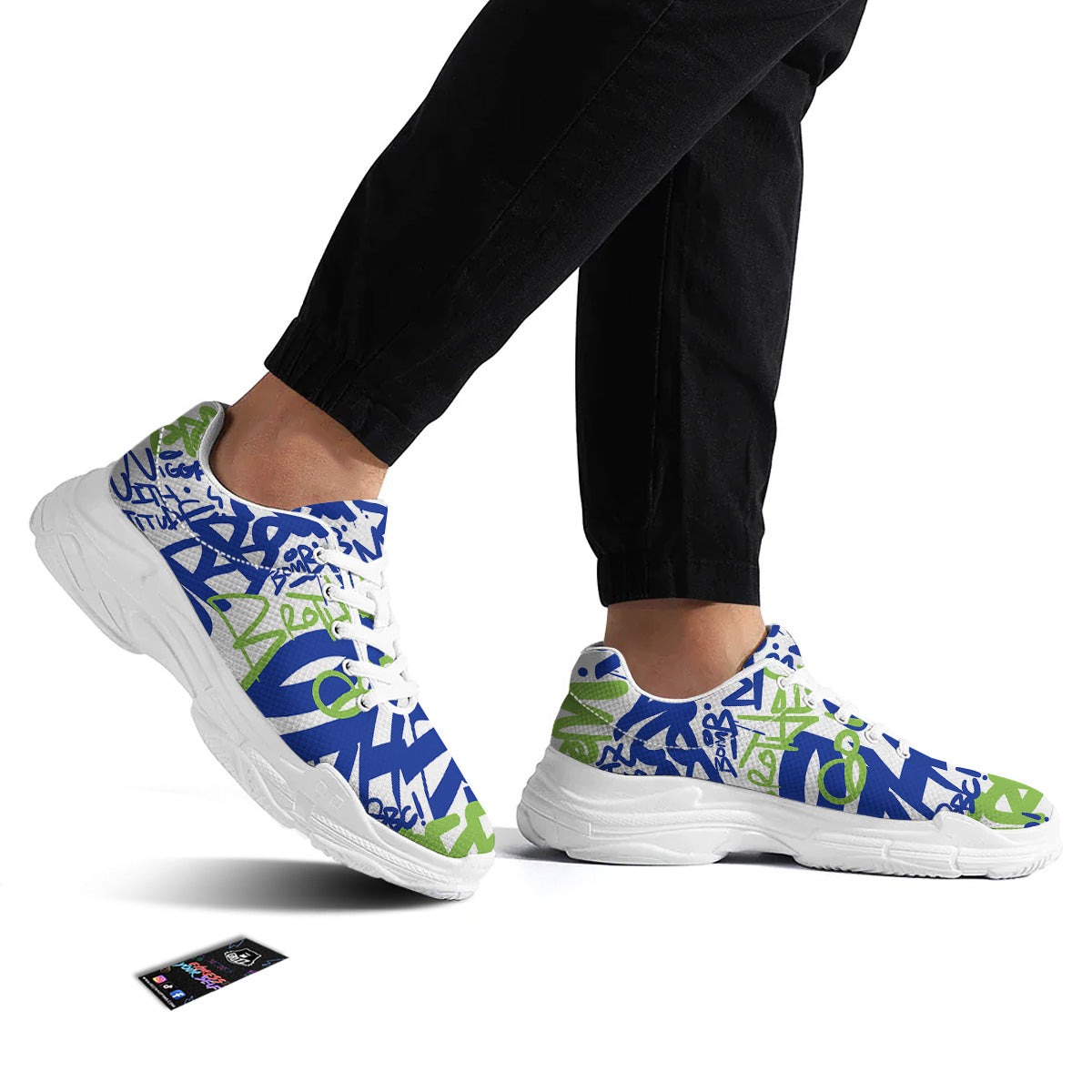 Green Blue Urban Graffiti Text Print Pattern White Chunky Shoes-grizzshop