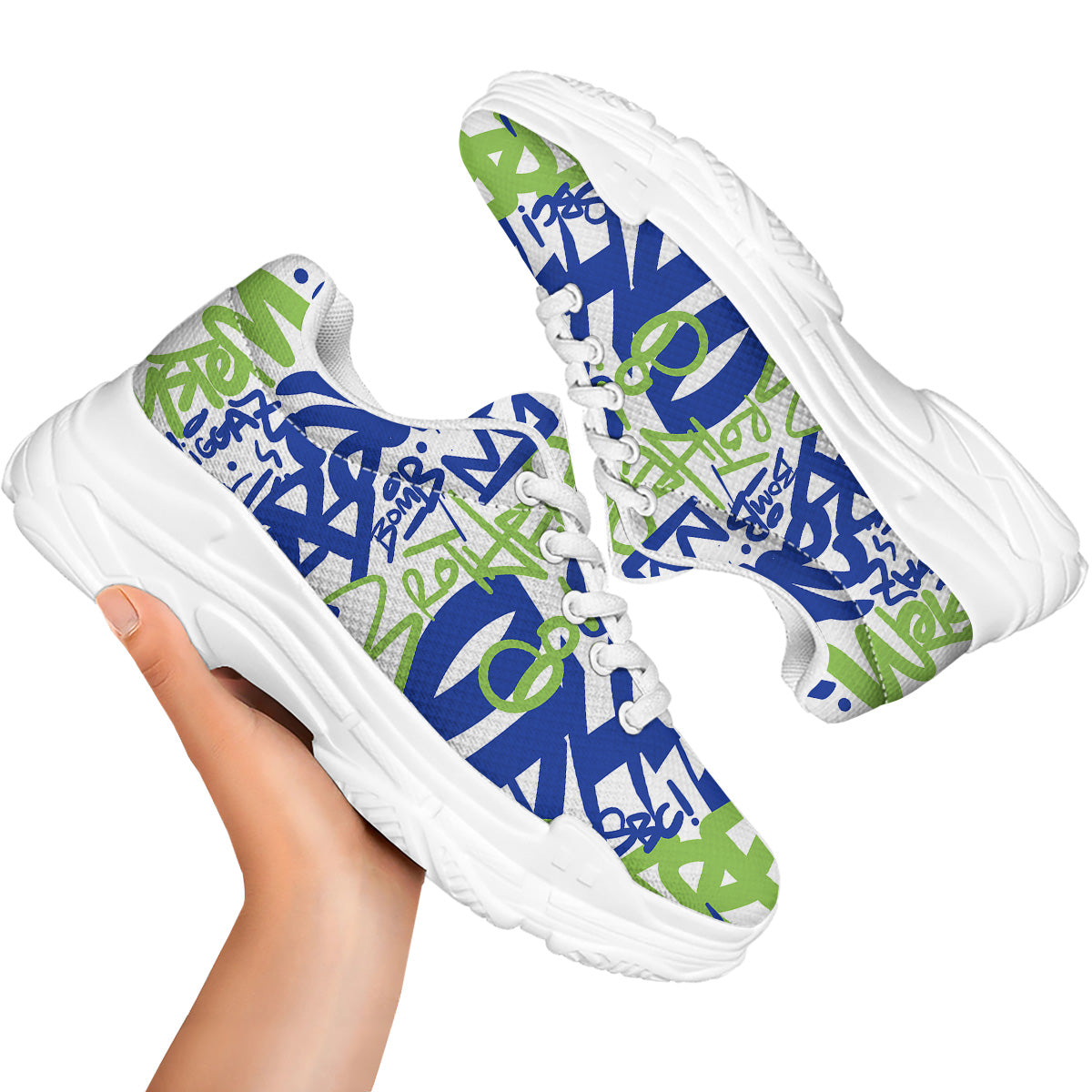 Green Blue Urban Graffiti Text Print Pattern White Chunky Shoes-grizzshop