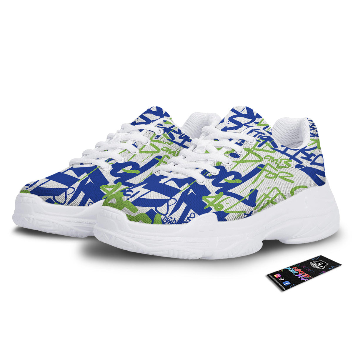 Green Blue Urban Graffiti Text Print Pattern White Chunky Shoes-grizzshop