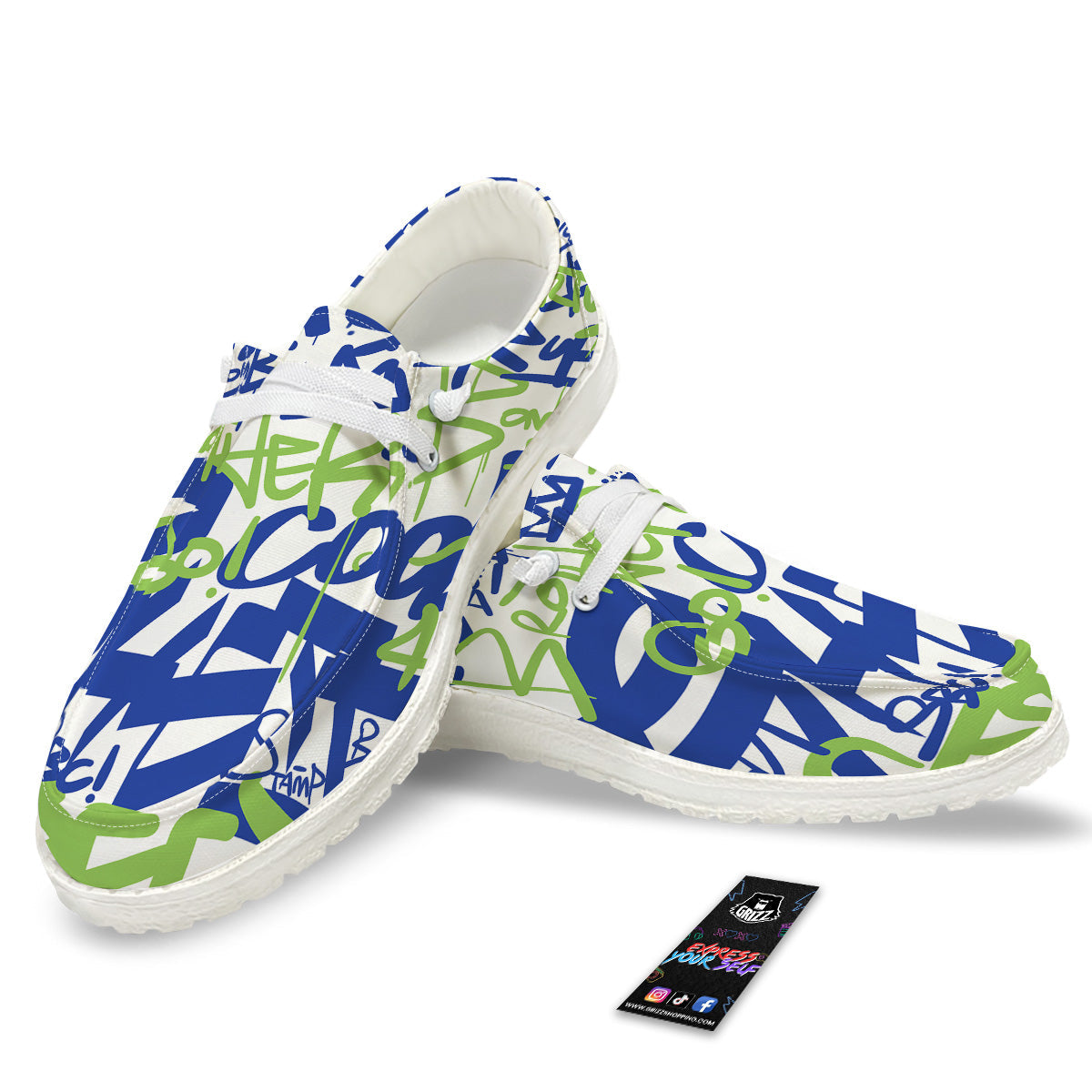 Green Blue Urban Graffiti Text Print Pattern White Loafers-grizzshop