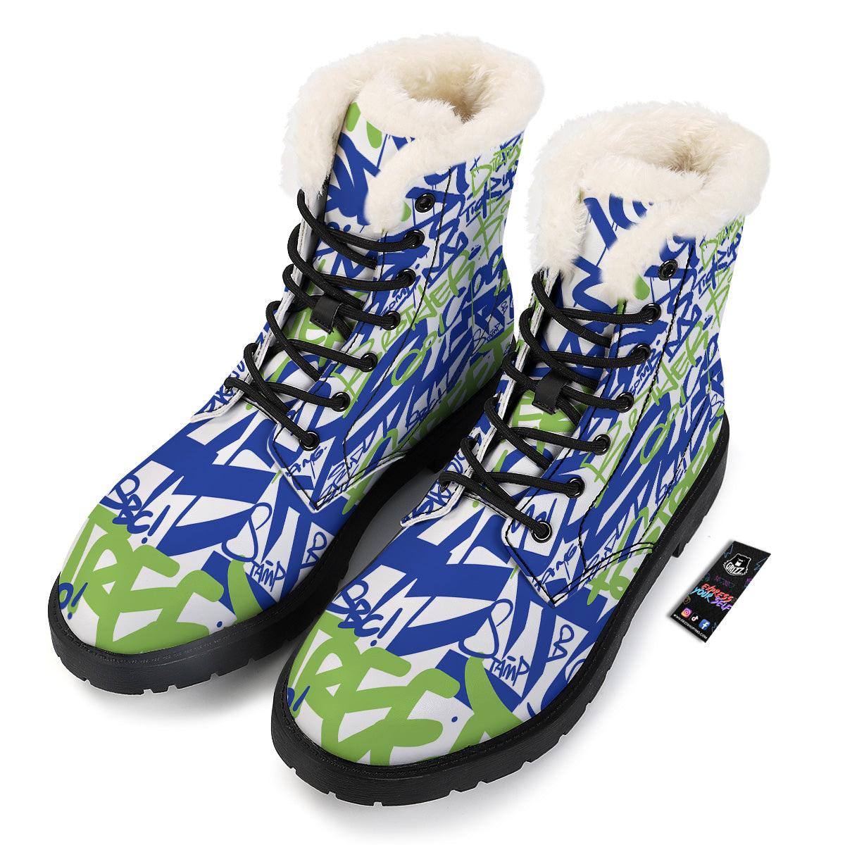 Green Blue Urban Graffiti Text Print Pattern Winter Boots-grizzshop