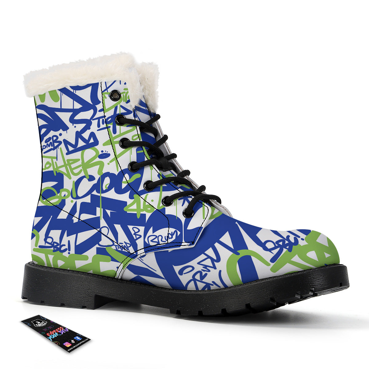 Green Blue Urban Graffiti Text Print Pattern Winter Boots-grizzshop