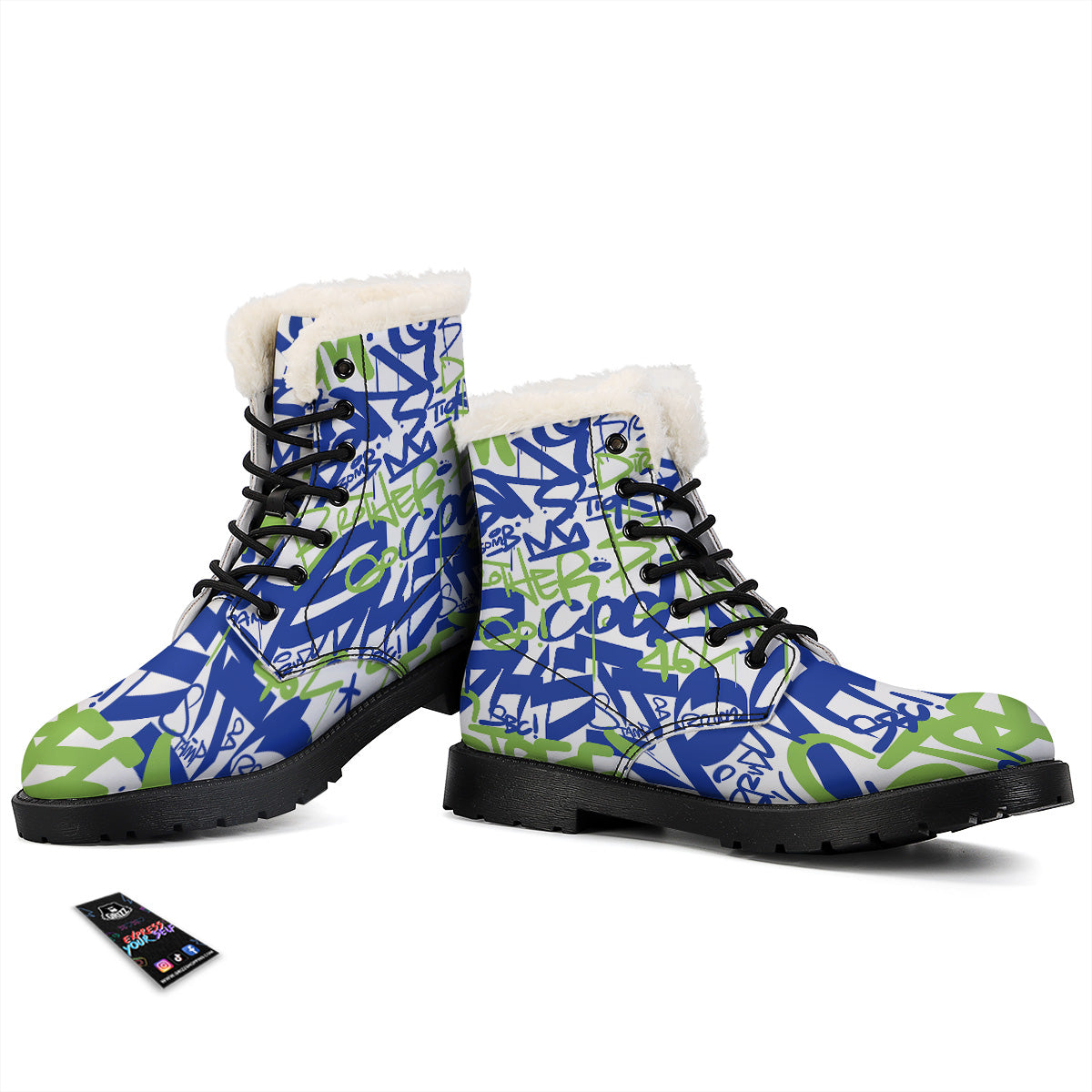 Green Blue Urban Graffiti Text Print Pattern Winter Boots-grizzshop