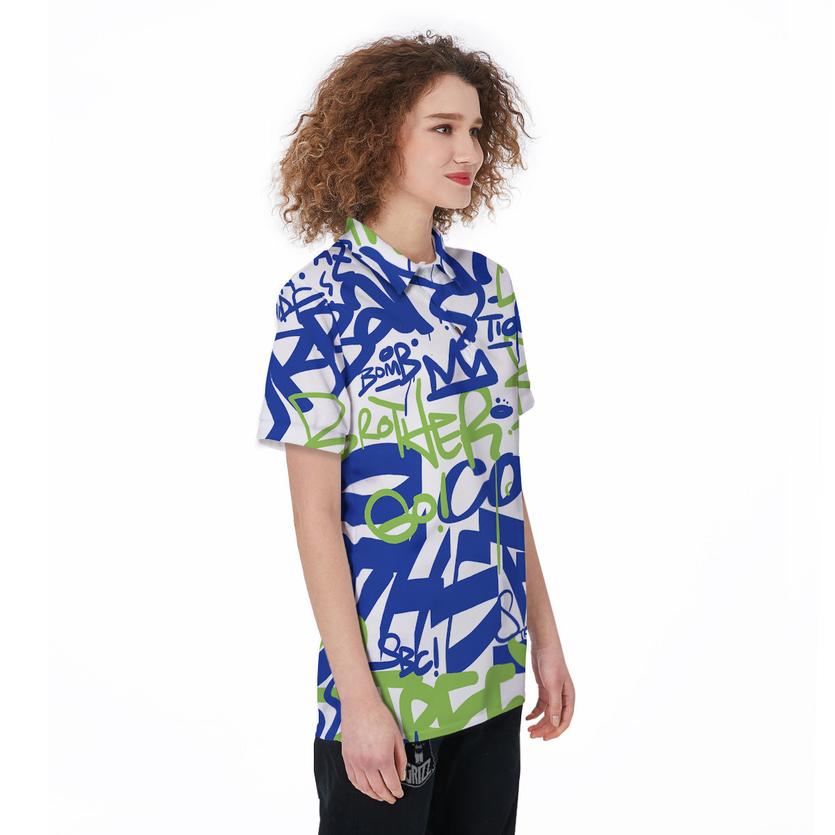 Green Blue Urban Graffiti Text Print Pattern Women's Golf Shirts-grizzshop