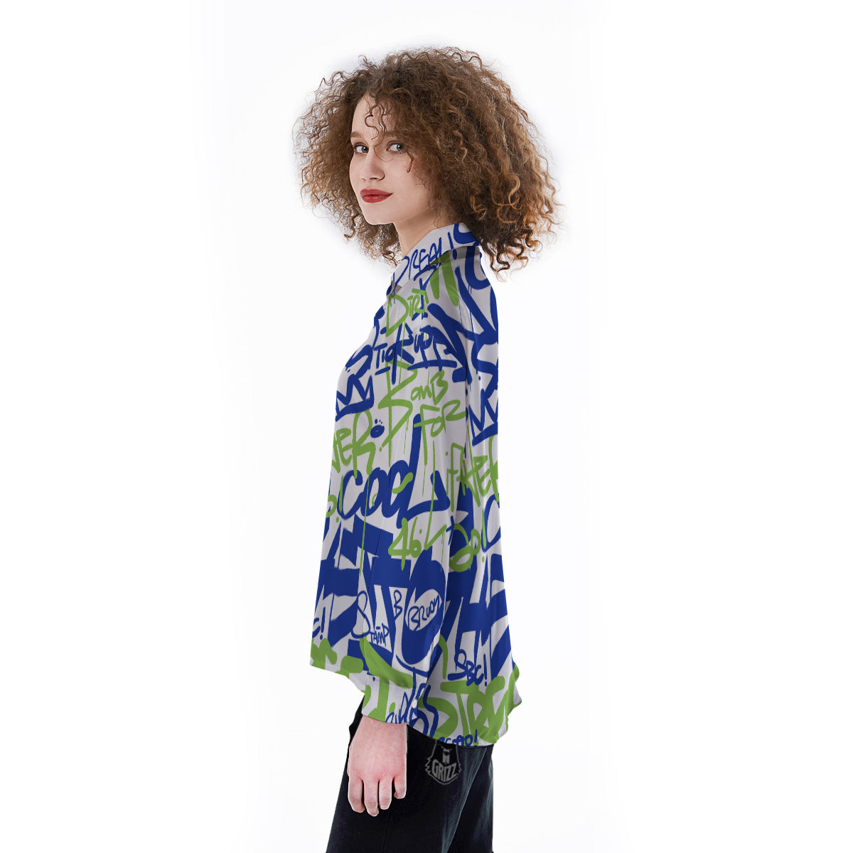 Green Blue Urban Graffiti Text Print Pattern Women's Long Sleeve Shirts-grizzshop