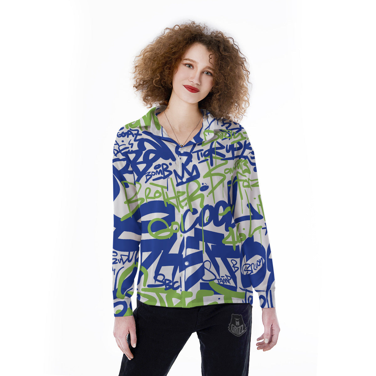 Green Blue Urban Graffiti Text Print Pattern Women's Long Sleeve Shirts-grizzshop