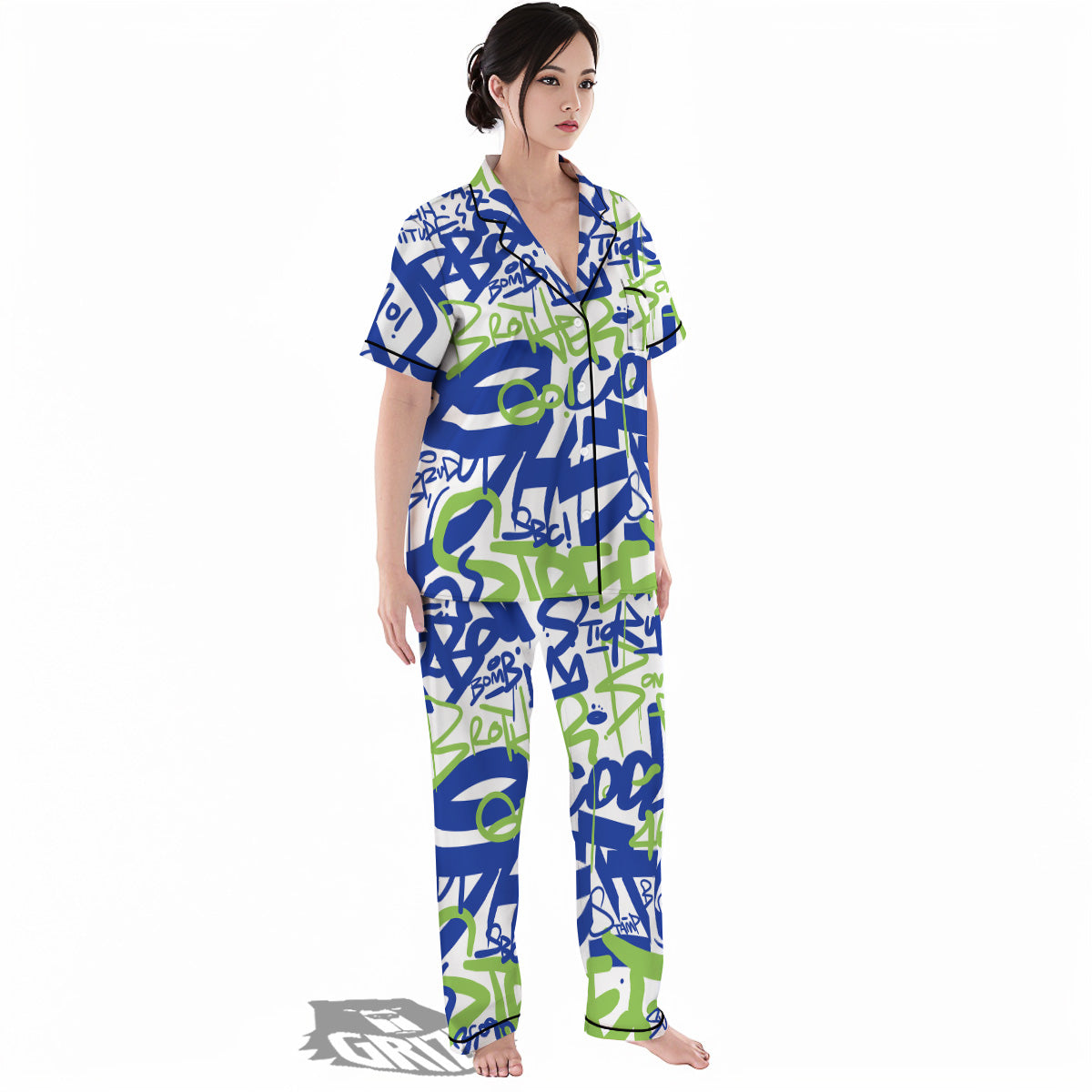 Green Blue Urban Graffiti Text Print Pattern Women's Pajamas Set-grizzshop