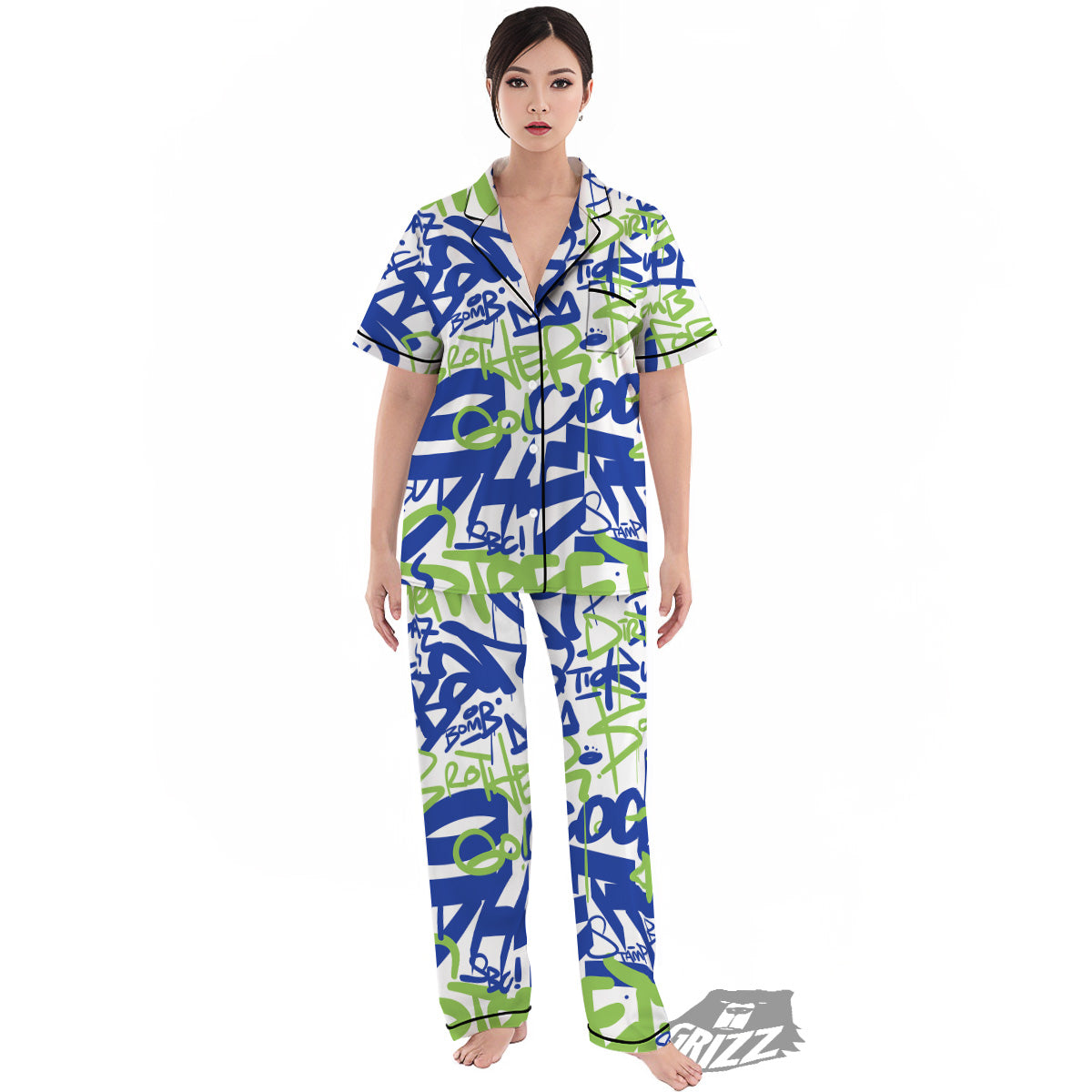 Green Blue Urban Graffiti Text Print Pattern Women's Pajamas Set-grizzshop