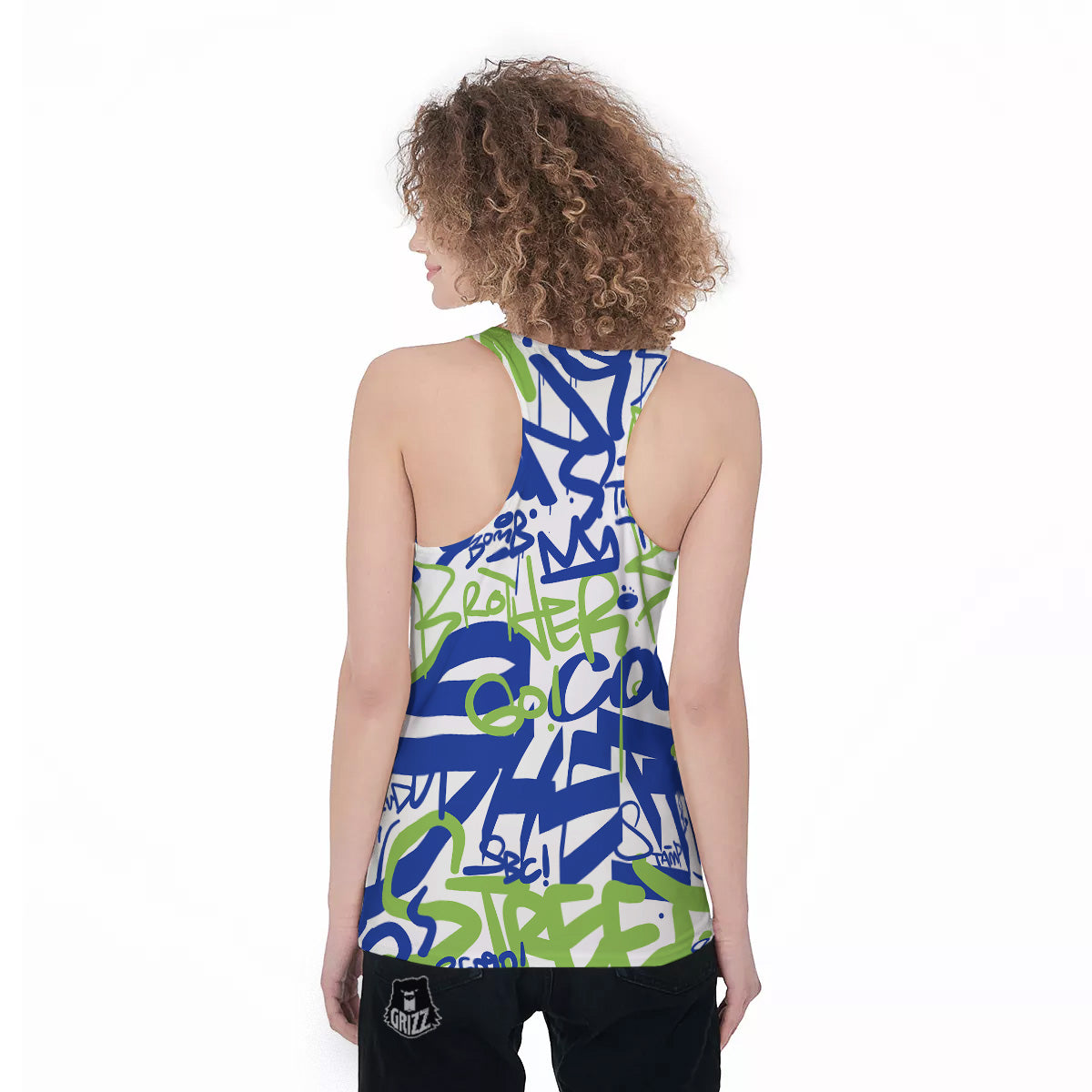 Green Blue Urban Graffiti Text Print Pattern Women's Racerback Tank Top-grizzshop