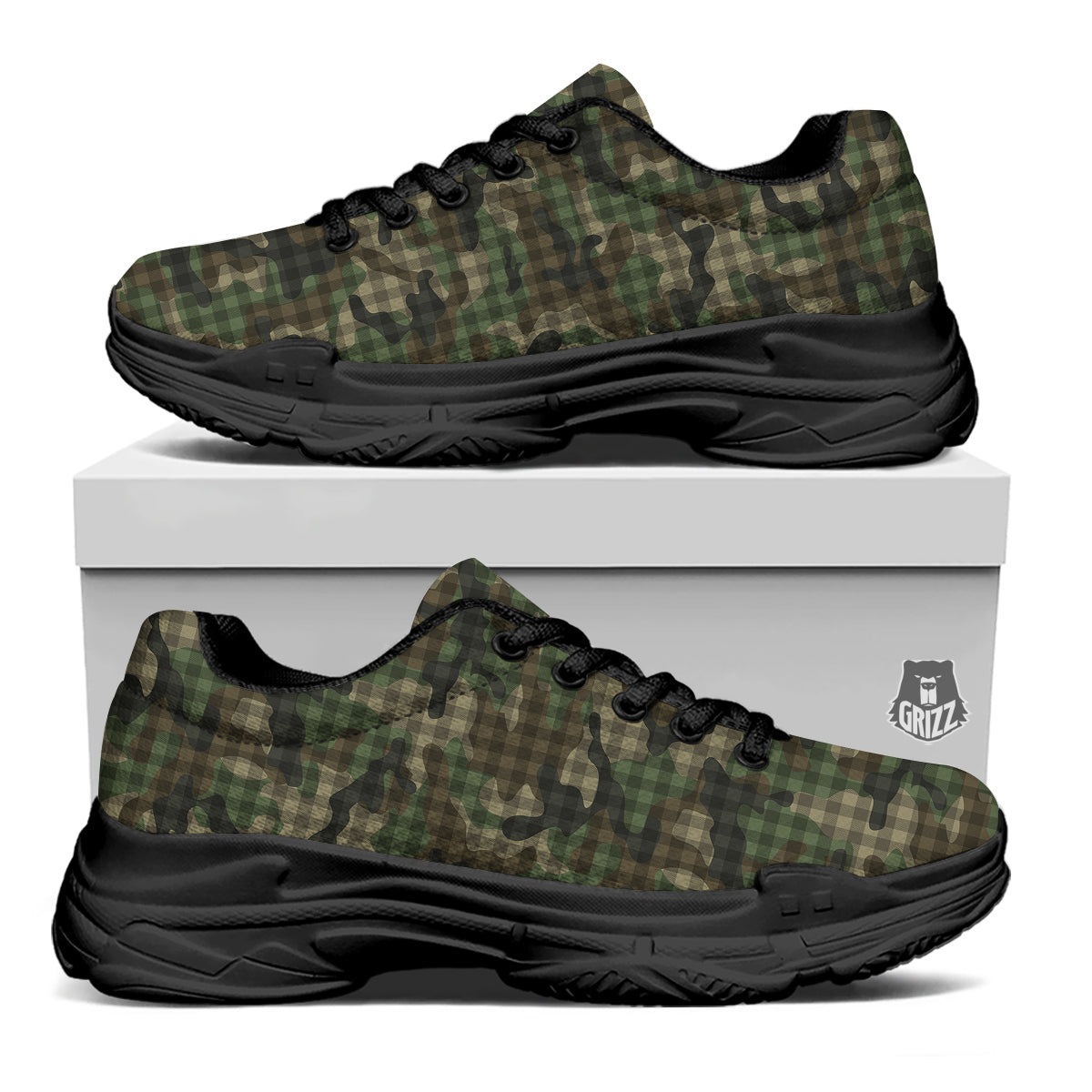 Green Camouflage Army Plaid Print Pattern Black Chunky Shoes-grizzshop
