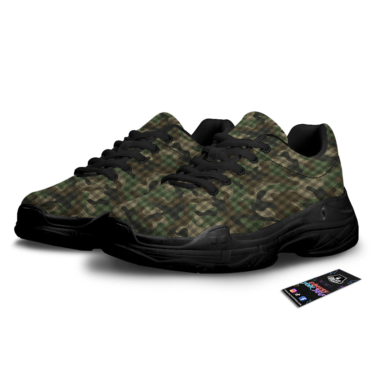 Green Camouflage Army Plaid Print Pattern Black Chunky Shoes-grizzshop