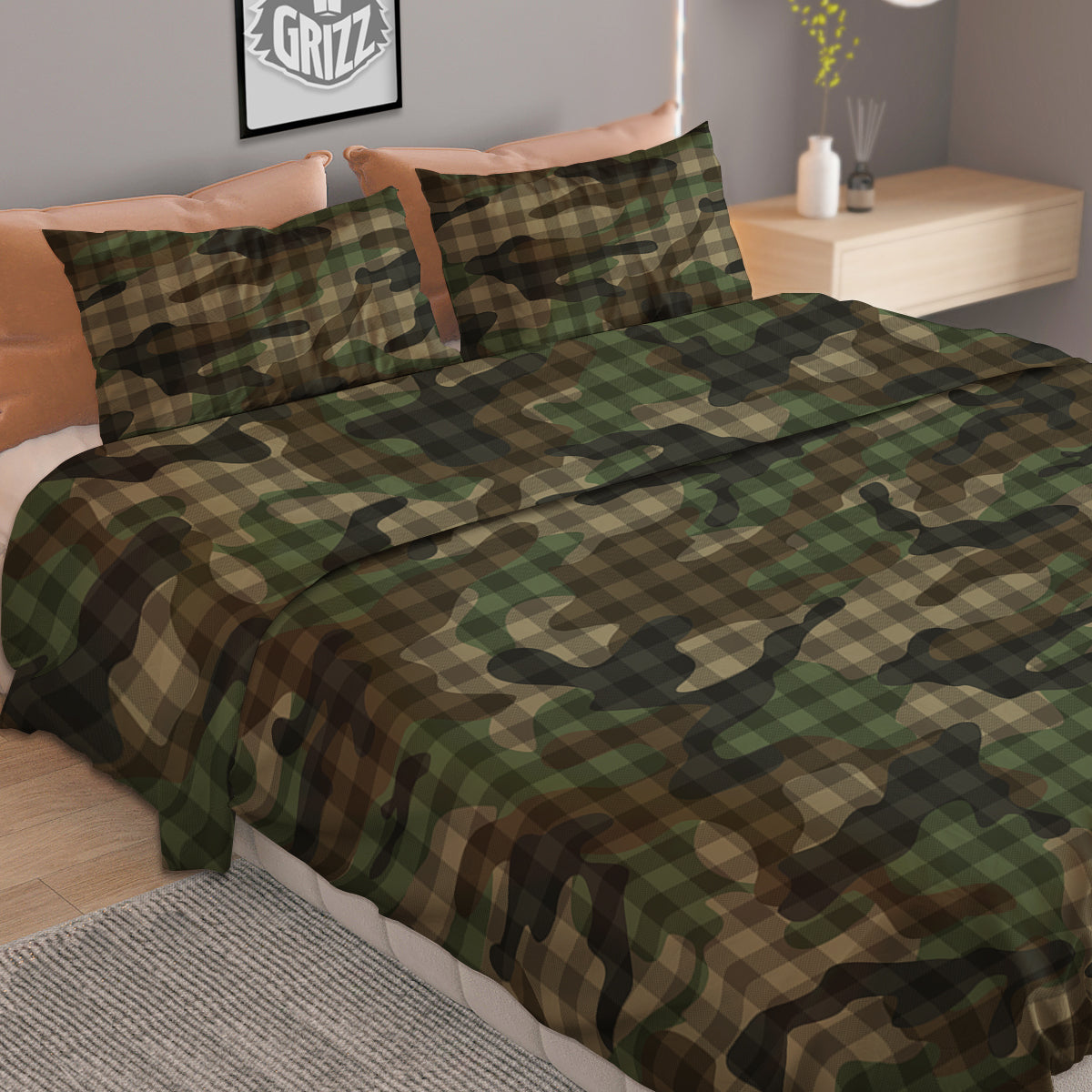 Green Camouflage Army Plaid Print Pattern Duvet Cover Bedding Set