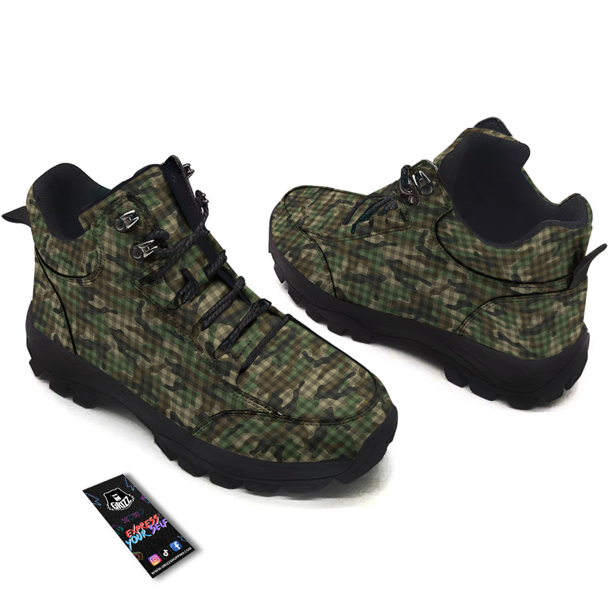 Green Camouflage Army Plaid Print Pattern Hiking Shoes-grizzshop
