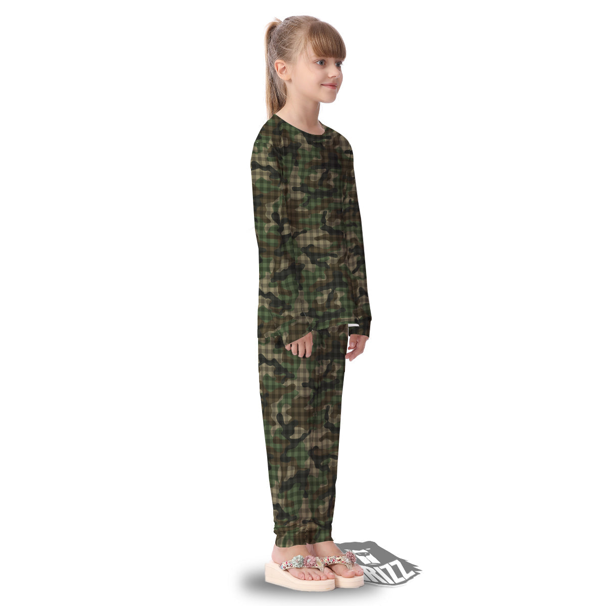 Green Camouflage Army Plaid Print Pattern Kid's Pajamas-grizzshop