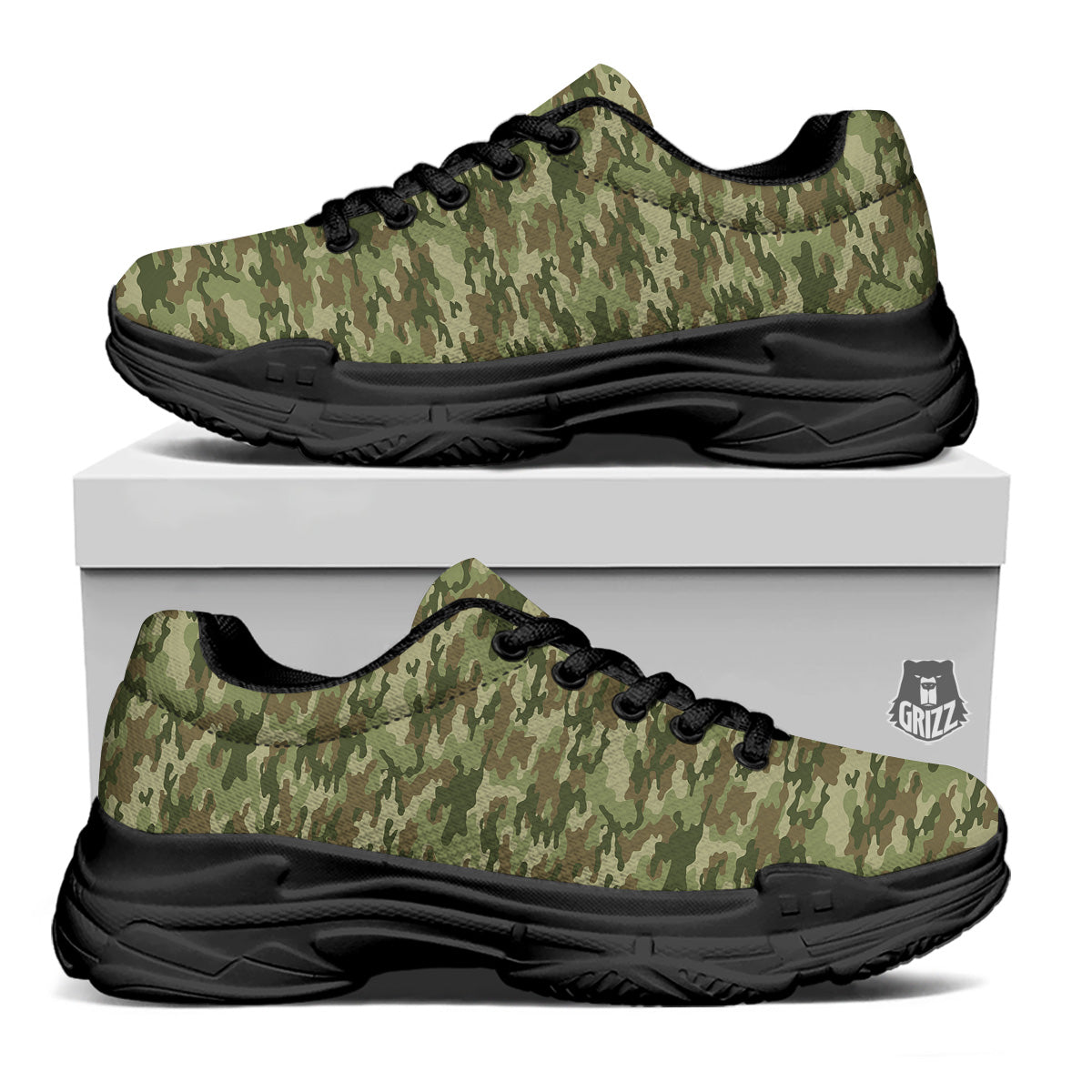 Green Camouflage Brown Print Black Chunky Shoes-grizzshop