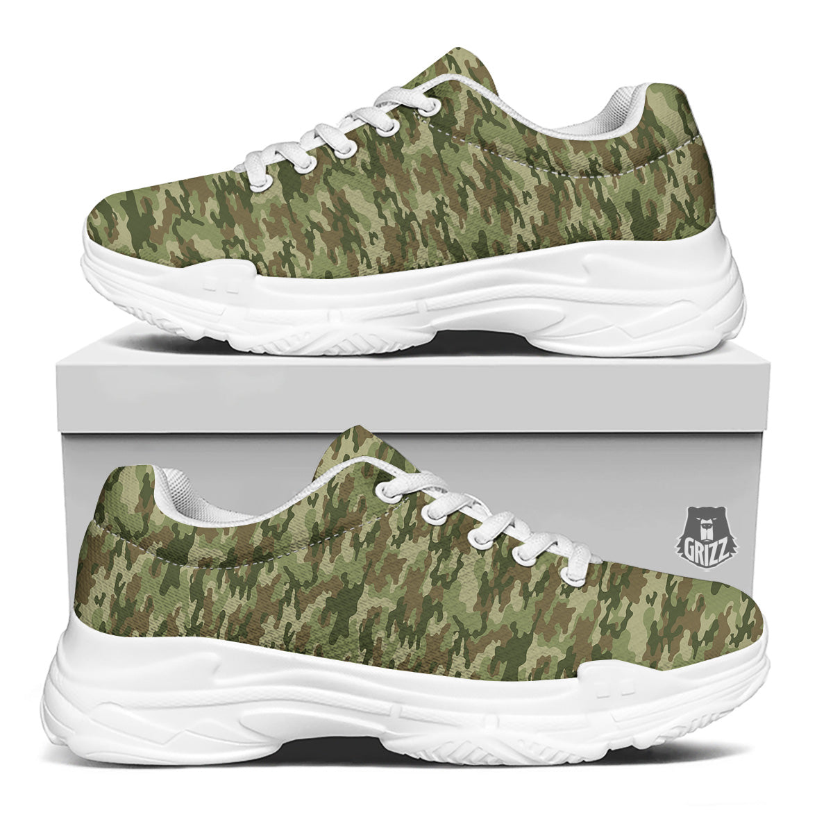 Green Camouflage Brown Print White Chunky Shoes-grizzshop