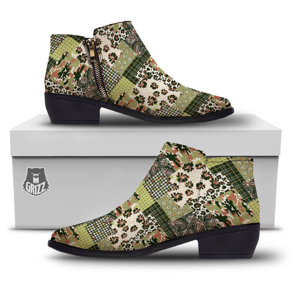 Green Camouflage Tartan Paisley Patchwork Print Pattern Ankle Boots-grizzshop
