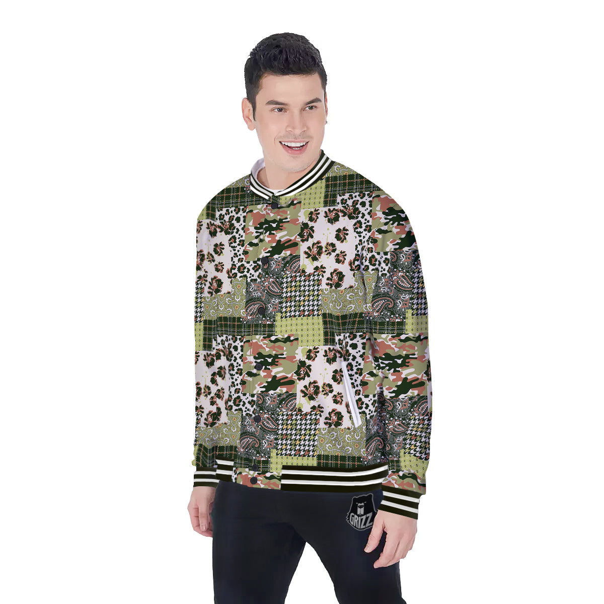 Green Camouflage Tartan Paisley Patchwork Print Pattern Baseball Jacket-grizzshop