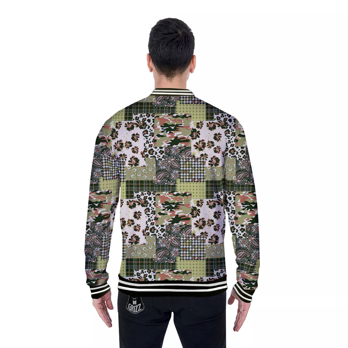 Green Camouflage Tartan Paisley Patchwork Print Pattern Baseball Jacket-grizzshop