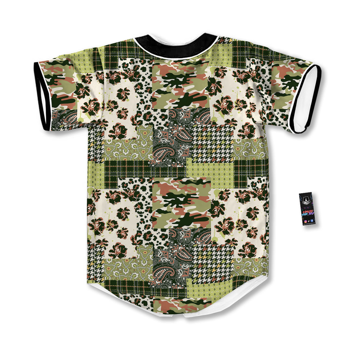 Green Camouflage Tartan Paisley Patchwork Print Pattern Baseball Jersey-grizzshop