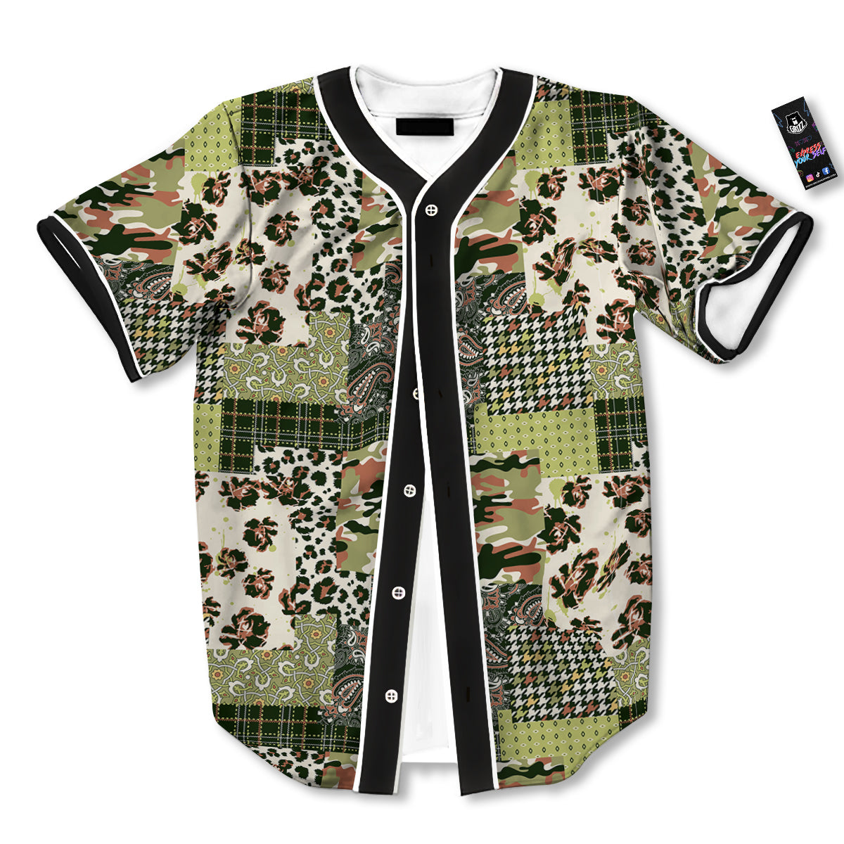 Green Camouflage Tartan Paisley Patchwork Print Pattern Baseball Jersey-grizzshop