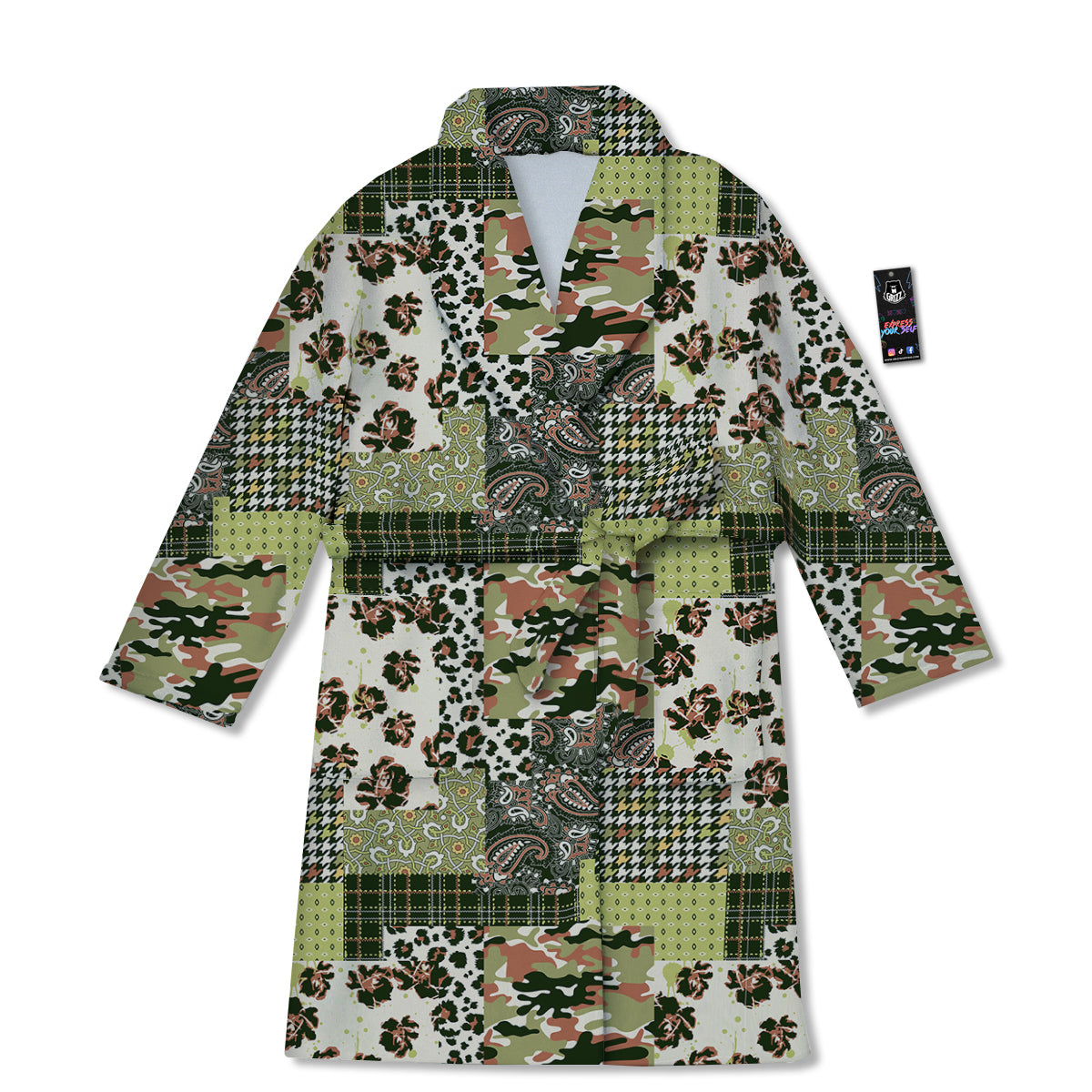 Green Camouflage Tartan Paisley Patchwork Print Pattern Bathrobe