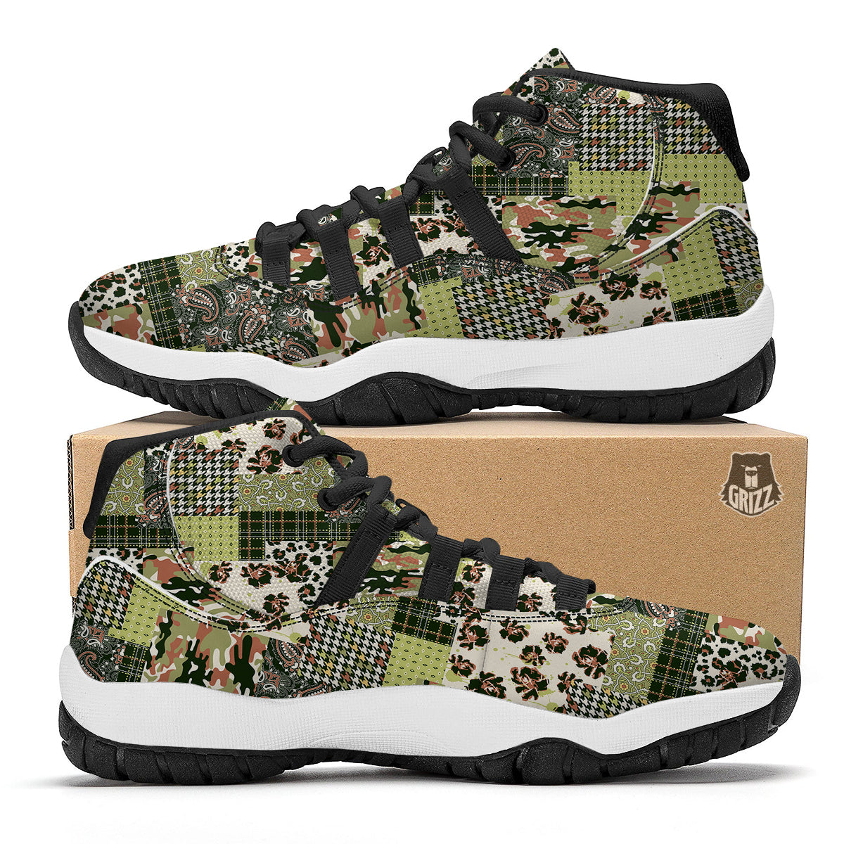 Green Camouflage Tartan Paisley Patchwork Print Pattern Black Bball Shoes-grizzshop