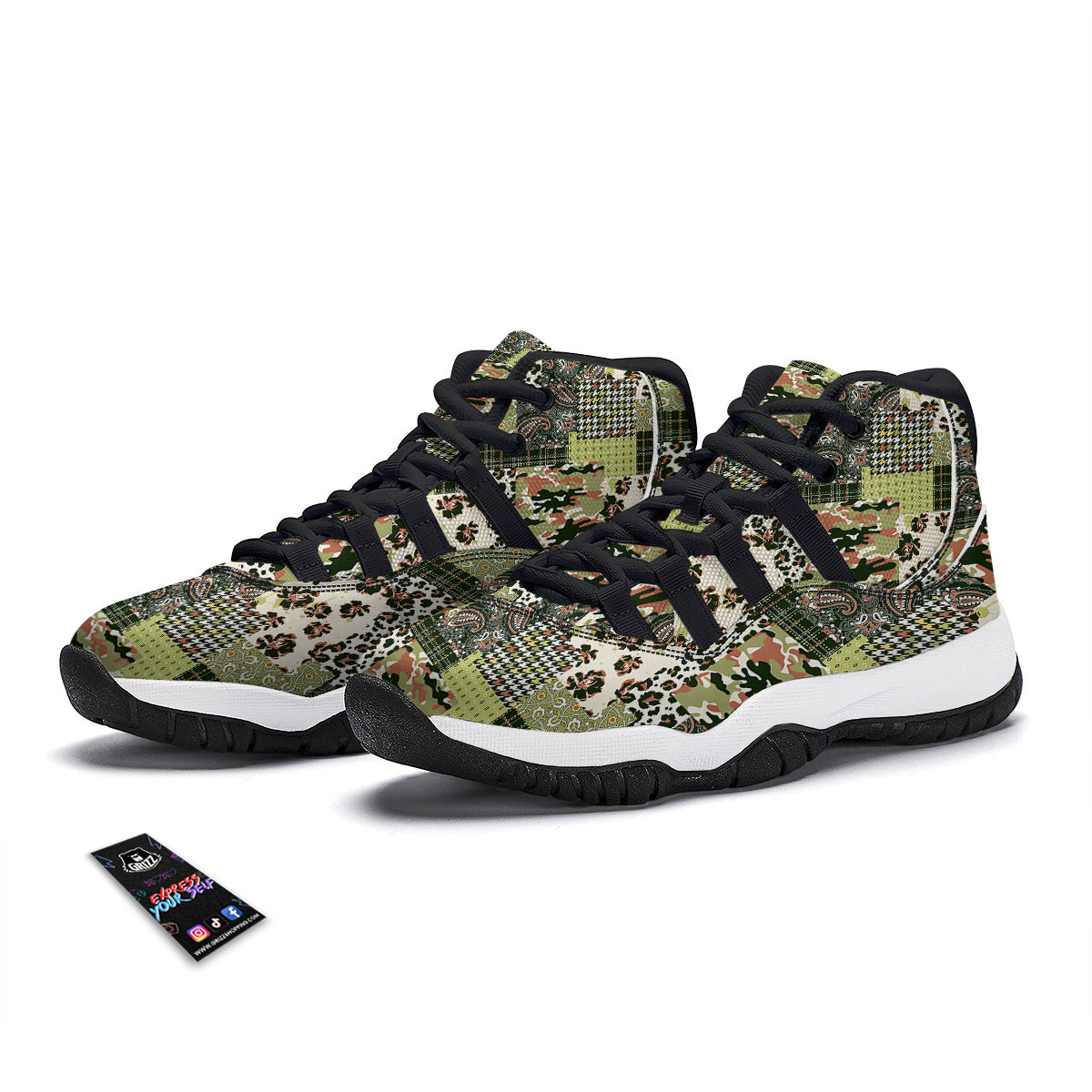 Green Camouflage Tartan Paisley Patchwork Print Pattern Black Bball Shoes-grizzshop