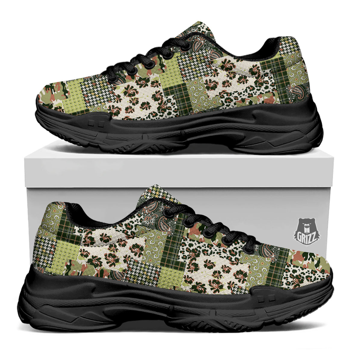 Green Camouflage Tartan Paisley Patchwork Print Pattern Black Chunky Shoes-grizzshop